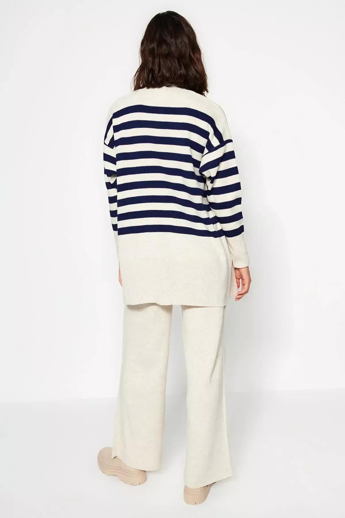 Beige Buttoned Striped Knitwear Co-Ord Set, Beige, large image number 3