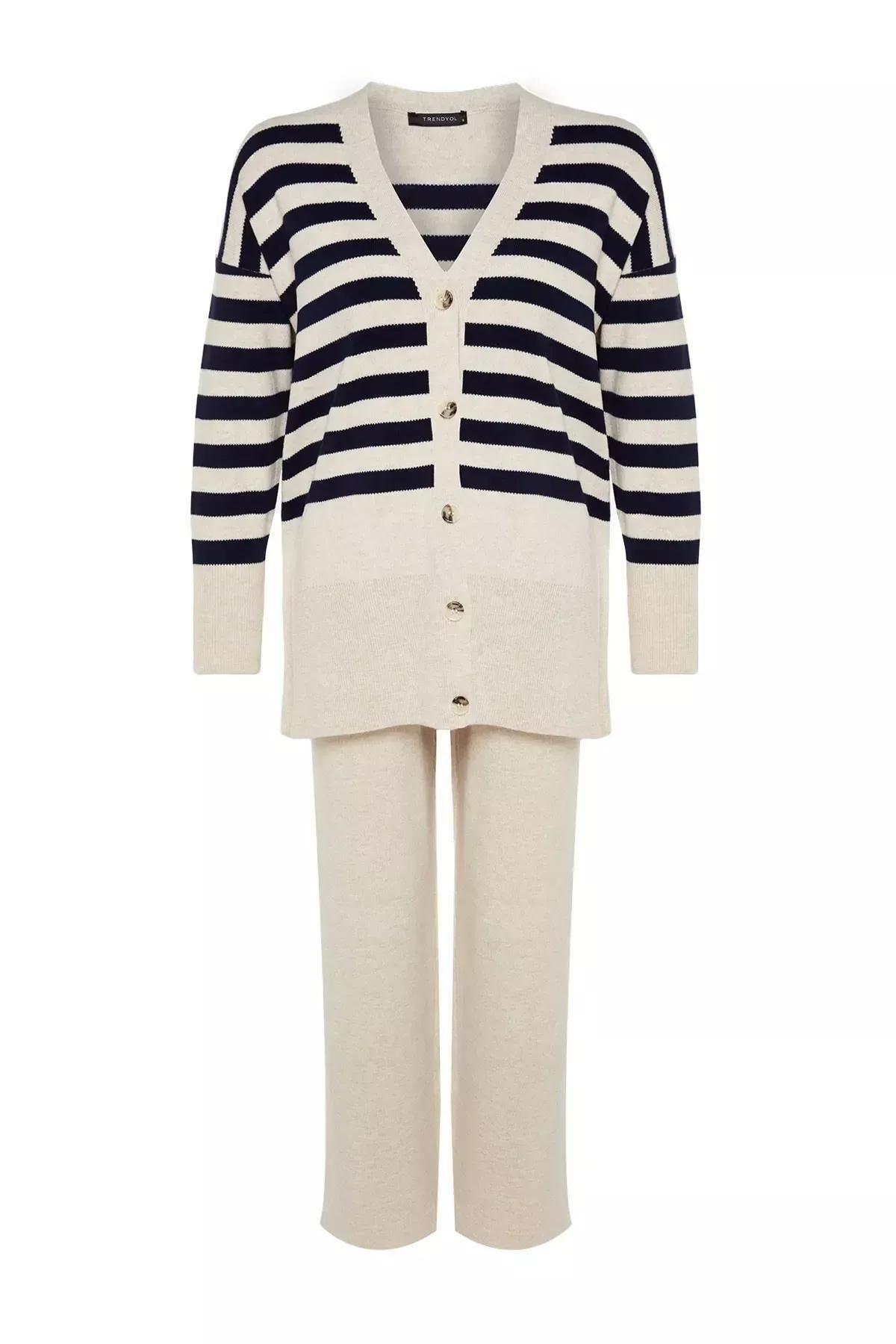 Beige Buttoned Striped Knitwear Co-Ord Set, Beige, large image number 4