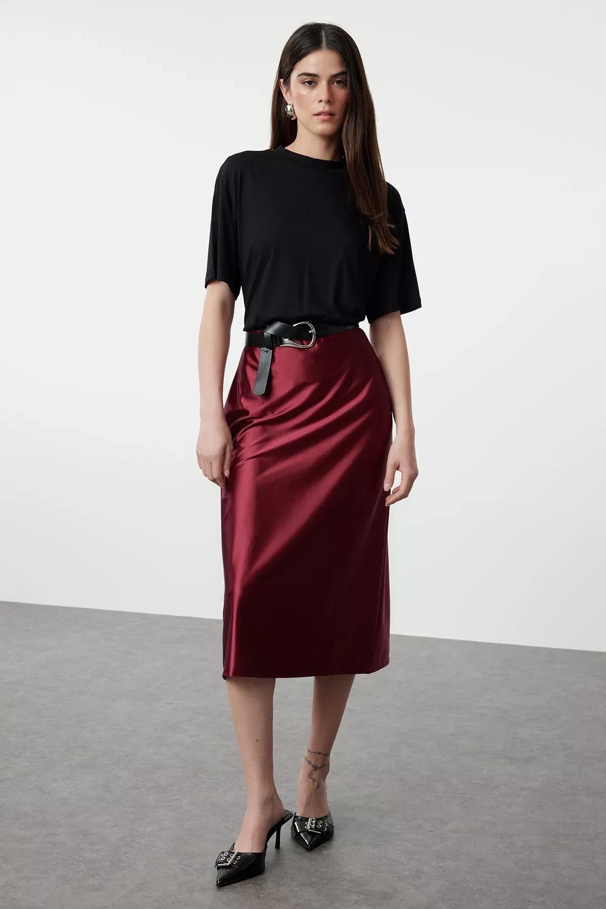 Red Satin A-Line Skirt, Burgundy, large image number 0