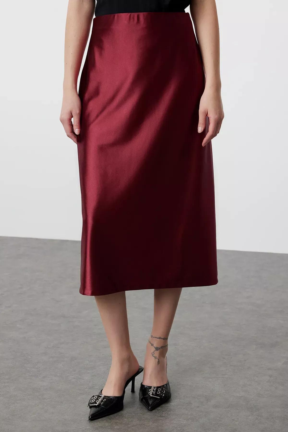 Red Satin A-Line Skirt, Burgundy, large image number 2