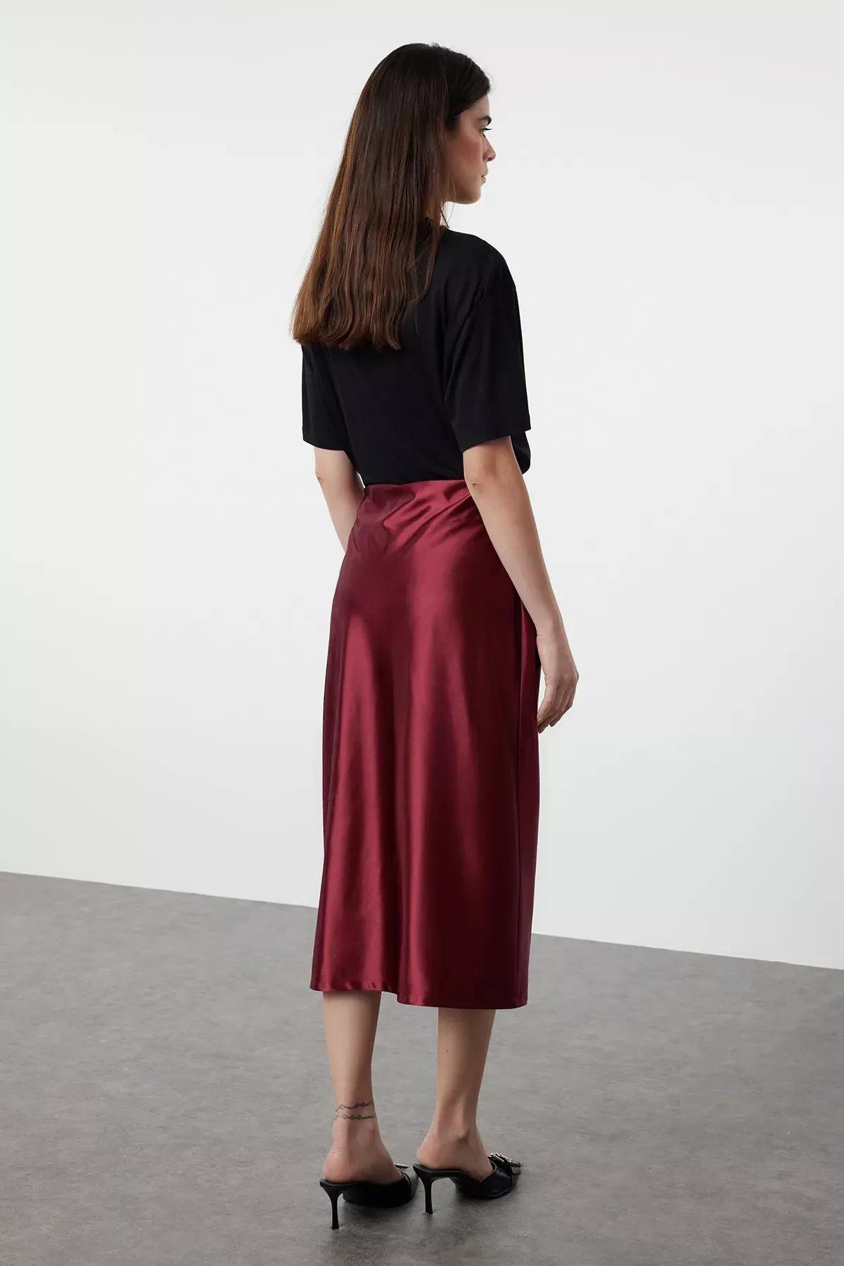 Red Satin A-Line Skirt, Burgundy, large image number 4