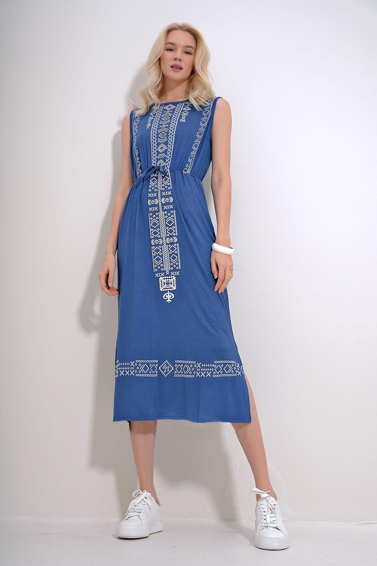 Indigo Ethnic Print Bohemian Dress, , large image number 0