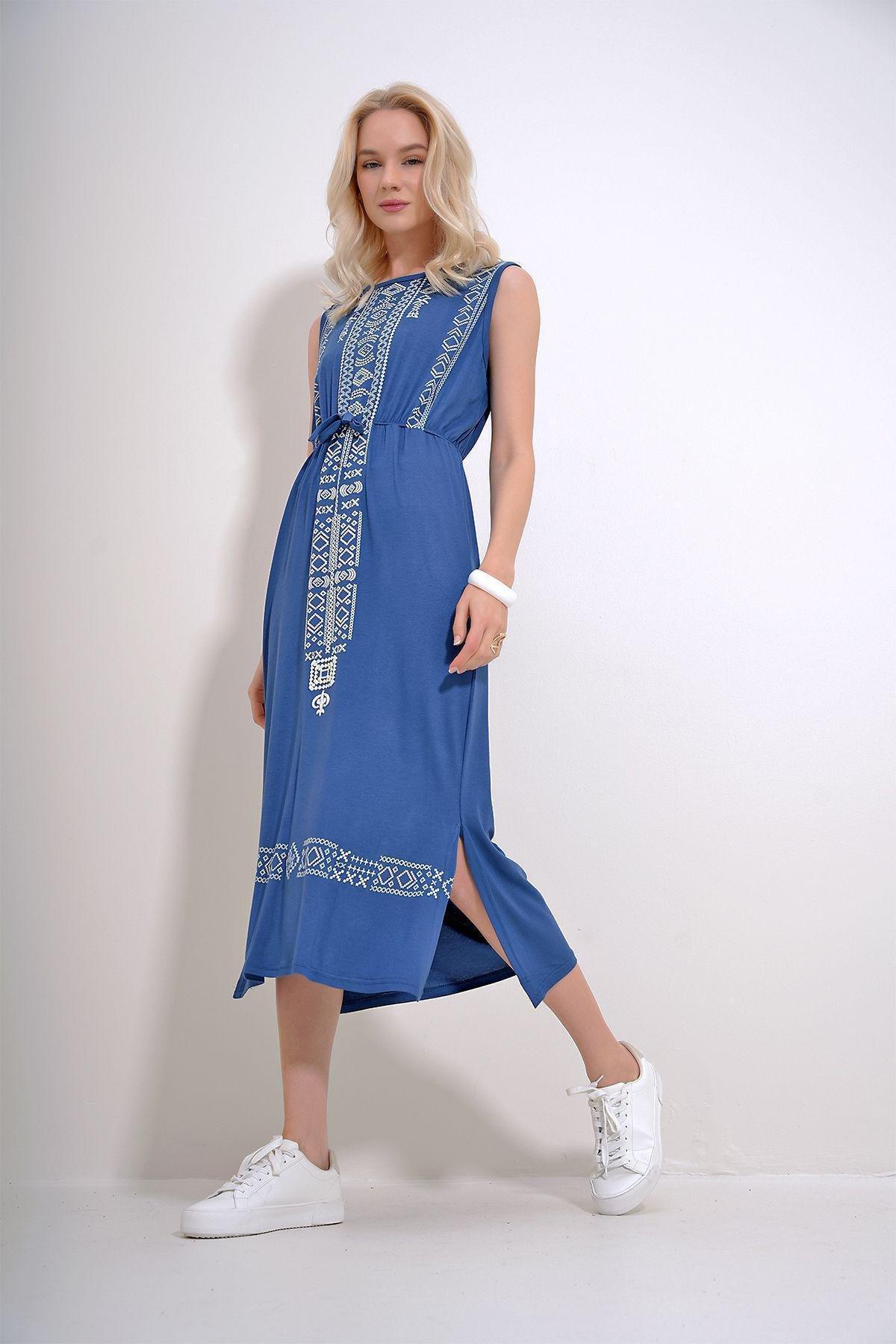 Indigo Ethnic Print Bohemian Dress, , large image number 1