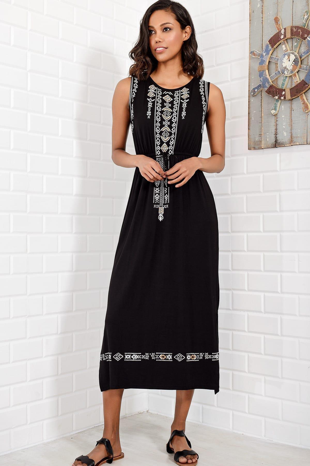 Black Ethnic Pattern Crew Neck A-Line Dress, , large image number 1