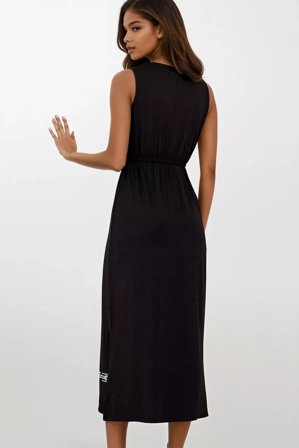 Black Ethnic Pattern Crew Neck A-Line Dress, Black, large image number 3