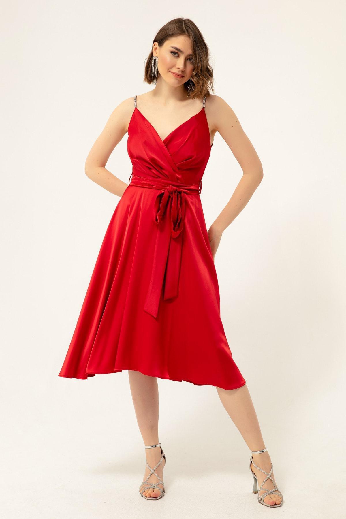 Lafaba - Red Double-Breasted Satin Midi Occasion Wear Dress