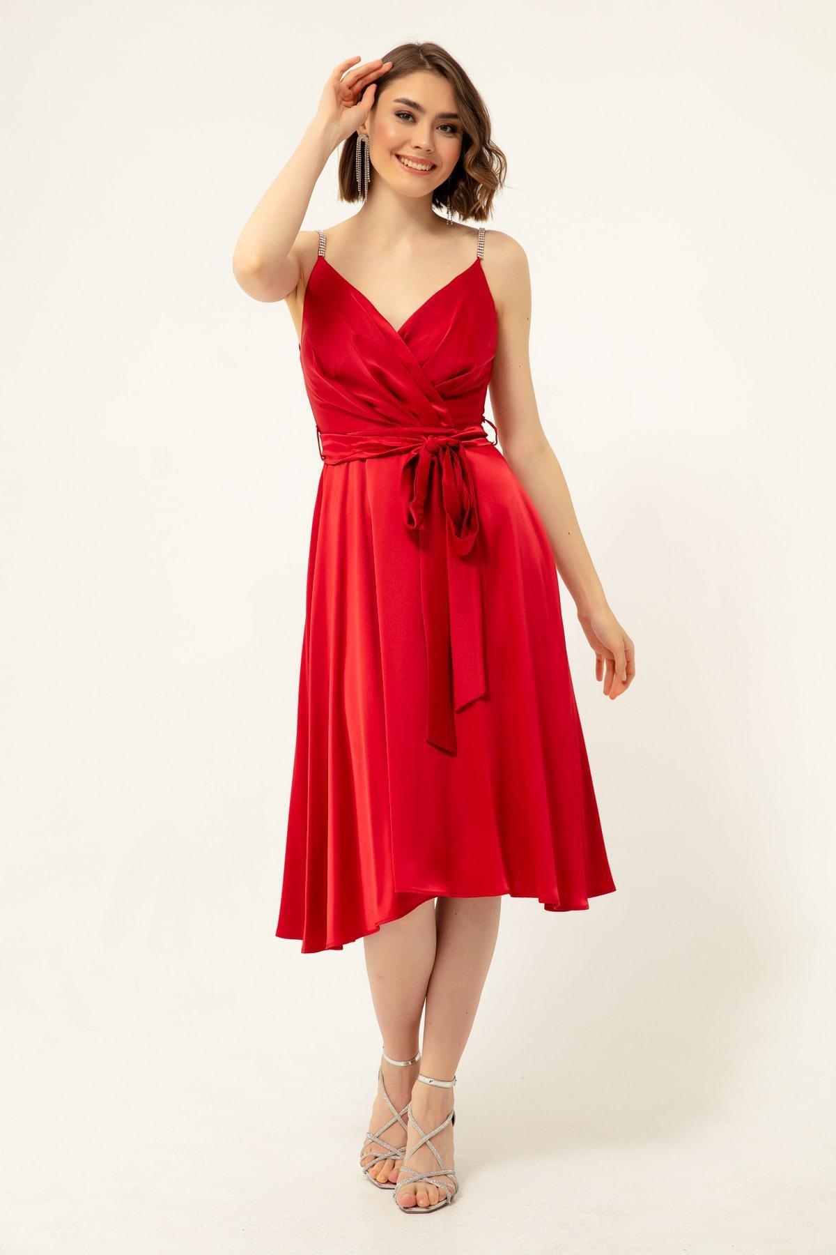 Lafaba - Red Double-Breasted Satin Midi Occasion Wear Dress