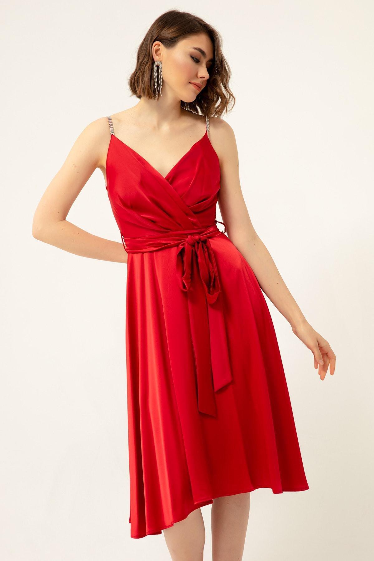 Lafaba - Red Double-Breasted Satin Midi Occasion Wear Dress