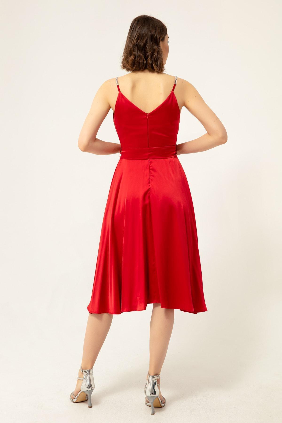 Lafaba - Red Double-Breasted Satin Midi Occasion Wear Dress