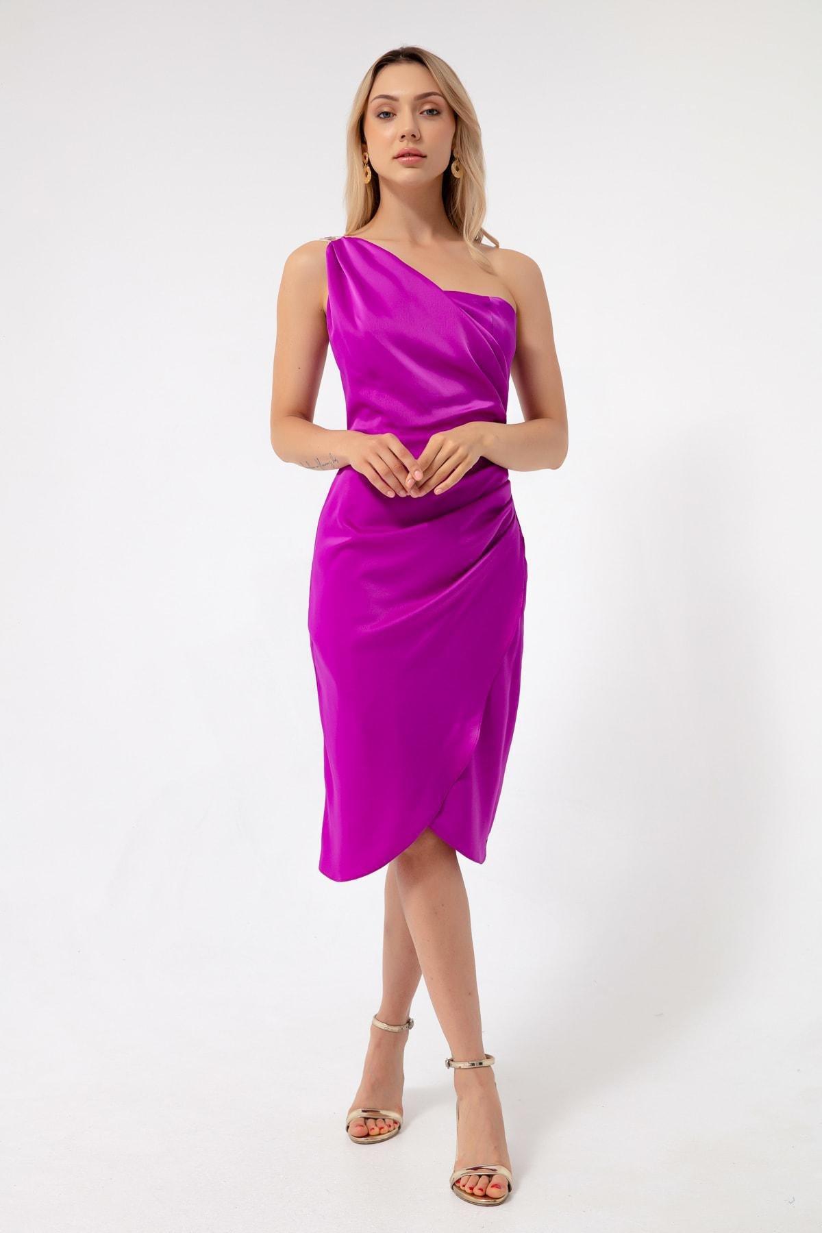 Lafaba - Purple One-Shoulder Satin Midi Occasion Wear Dress