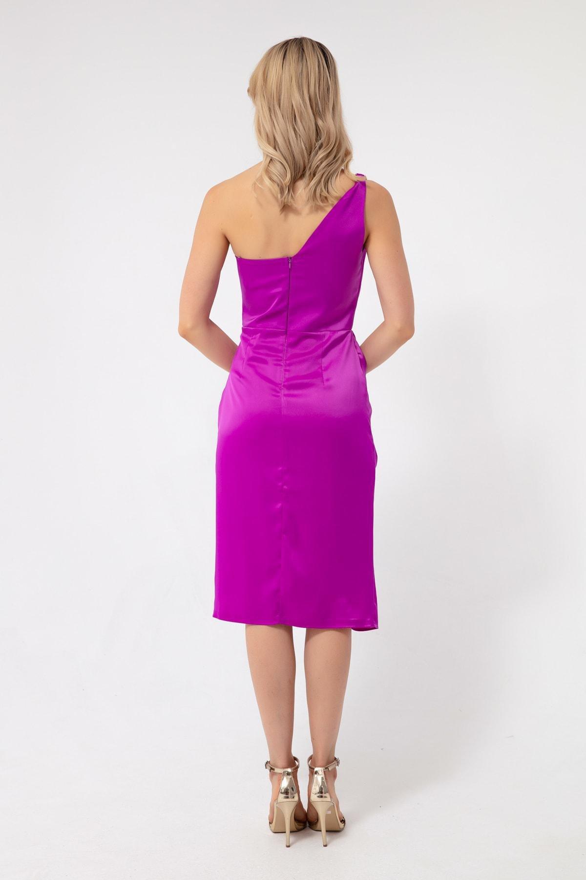 Lafaba - Purple One-Shoulder Satin Midi Occasion Wear Dress