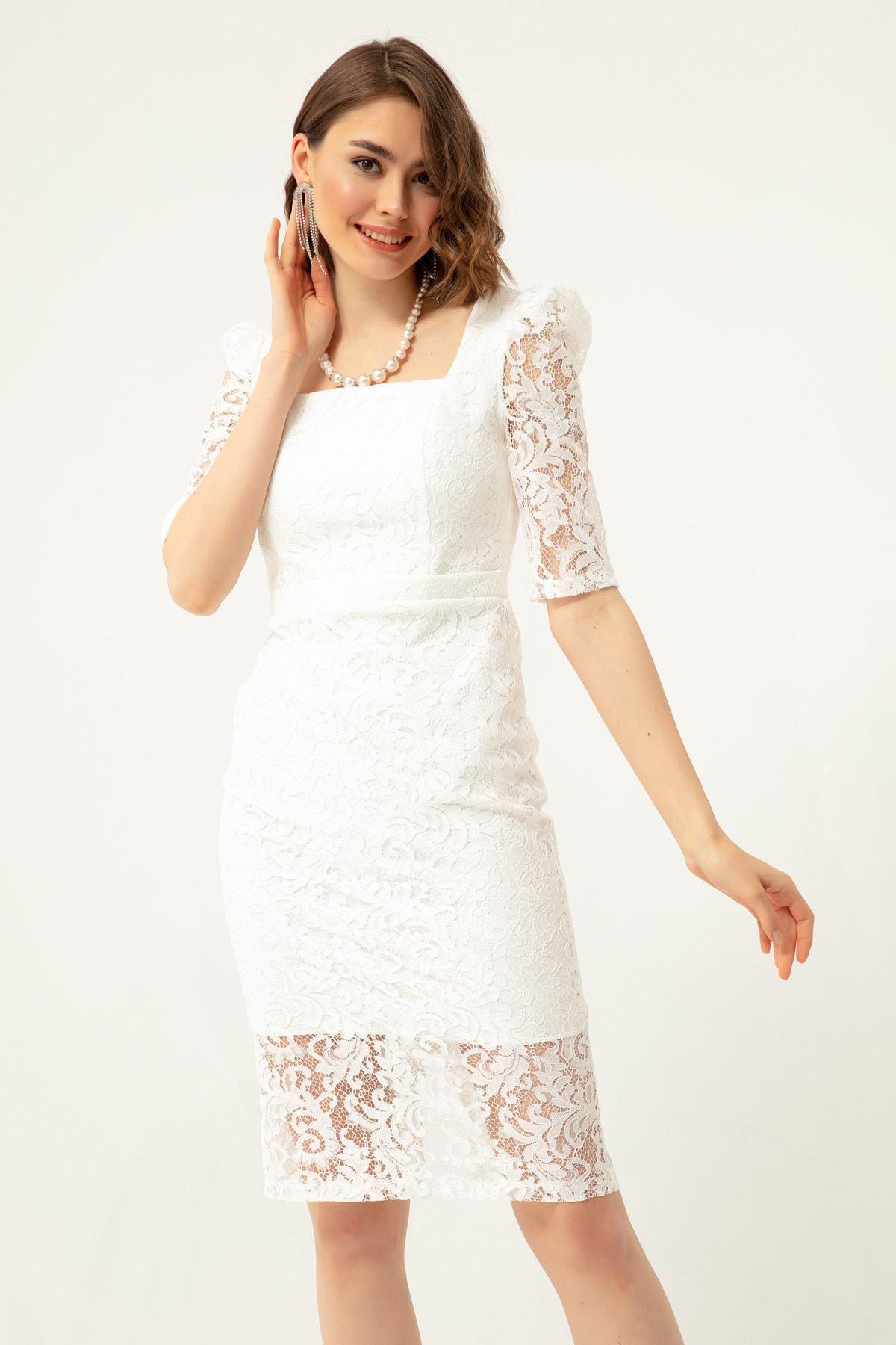 Lafaba - White Lace Neck Midi Occasion Wear Dress