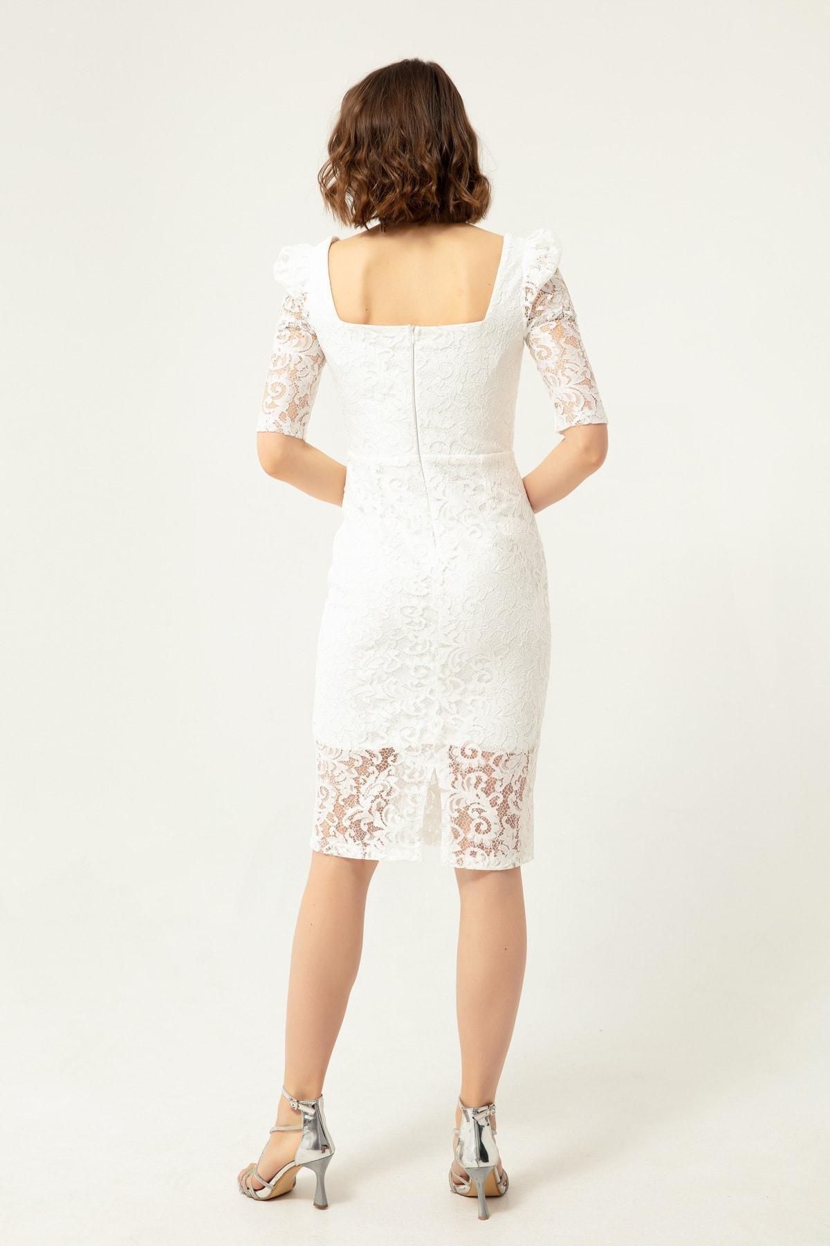 Lafaba - White Lace Neck Midi Occasion Wear Dress