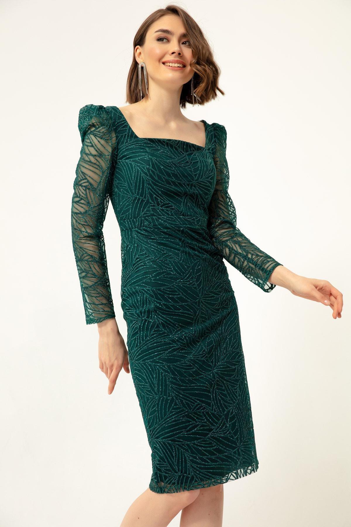Lafaba - Green Glittery Midi Occasion Wear Dress