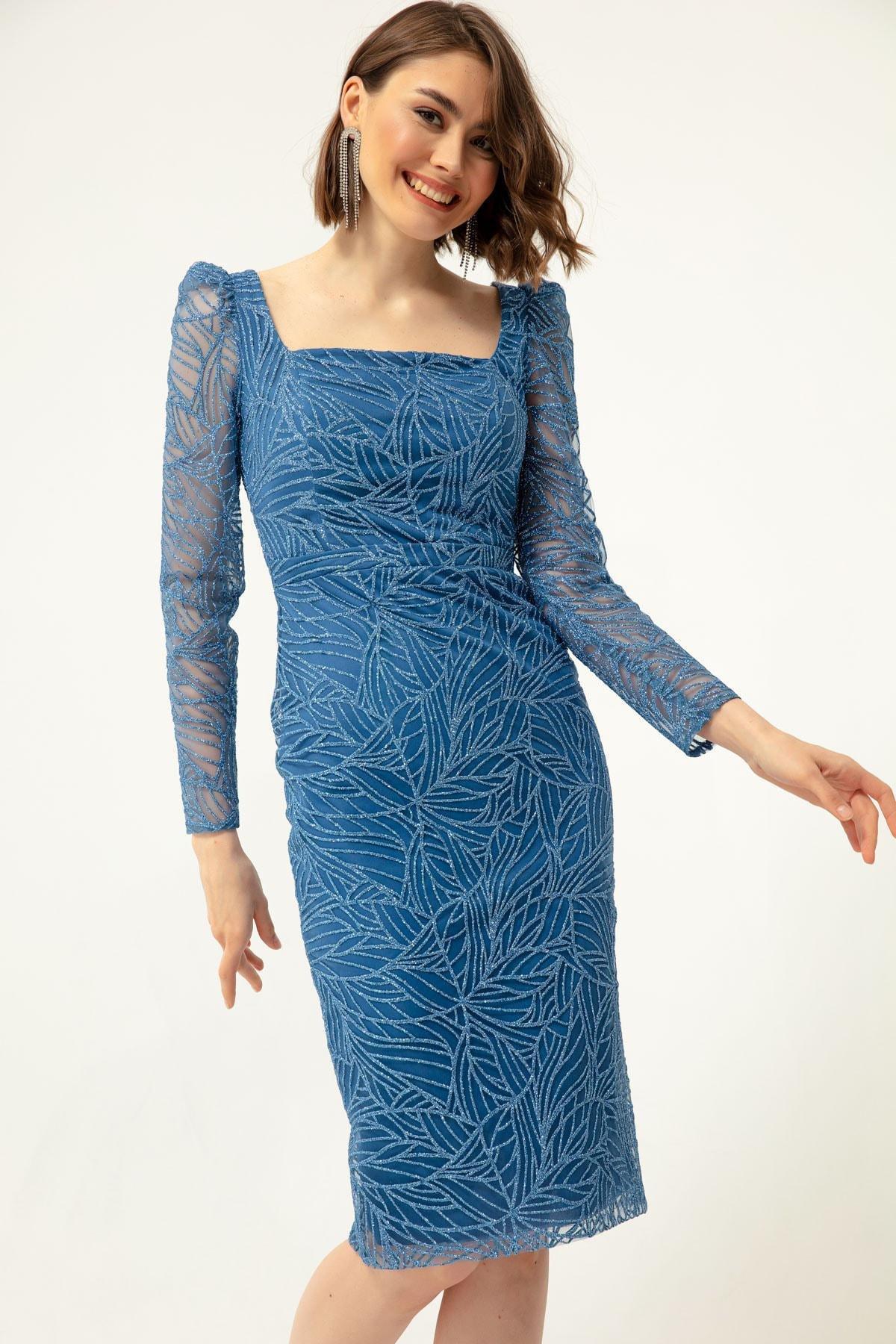 Lafaba - Blue Glittery Midi Occasion Wear Dress