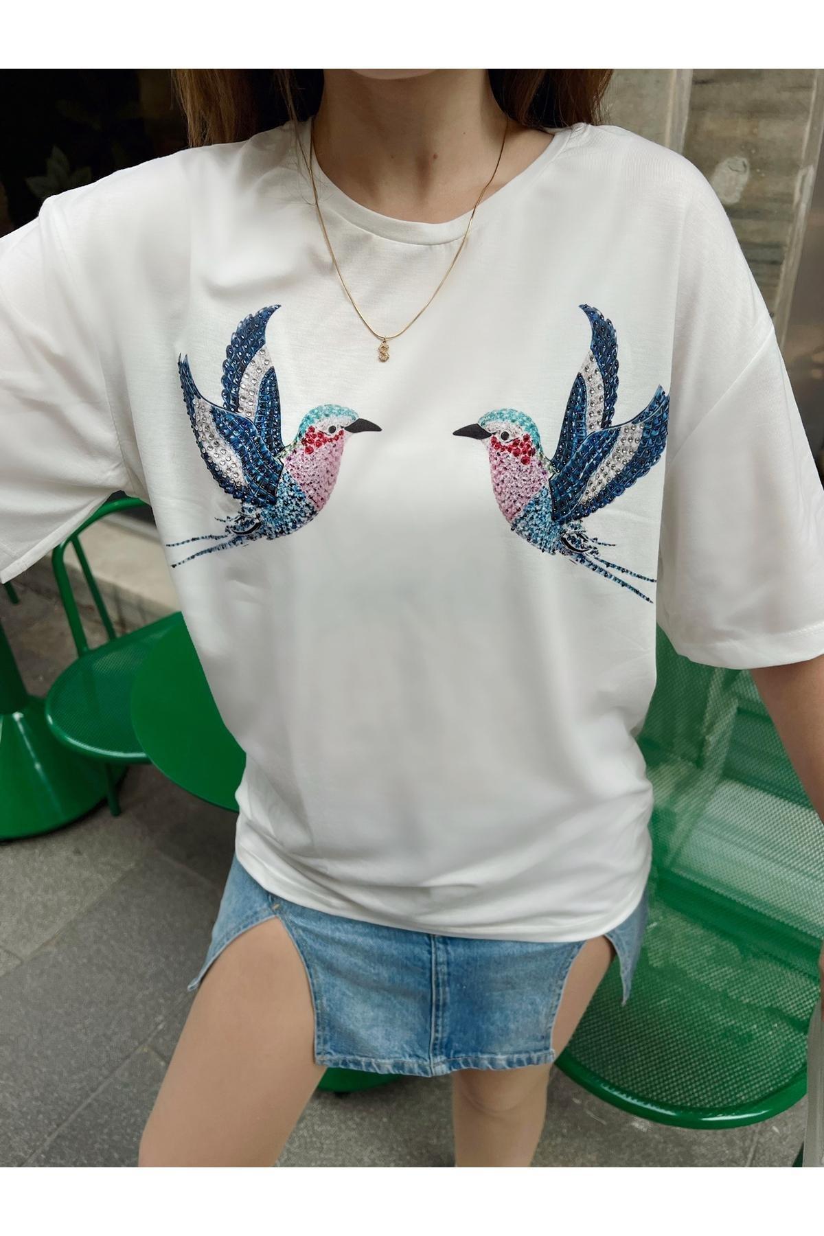 White Patterned Cotton T-shirt, White-Blue, large image number 1