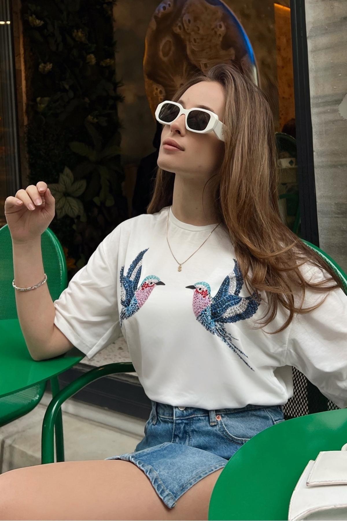 White Patterned Cotton T-shirt, White-Blue, large image number 2