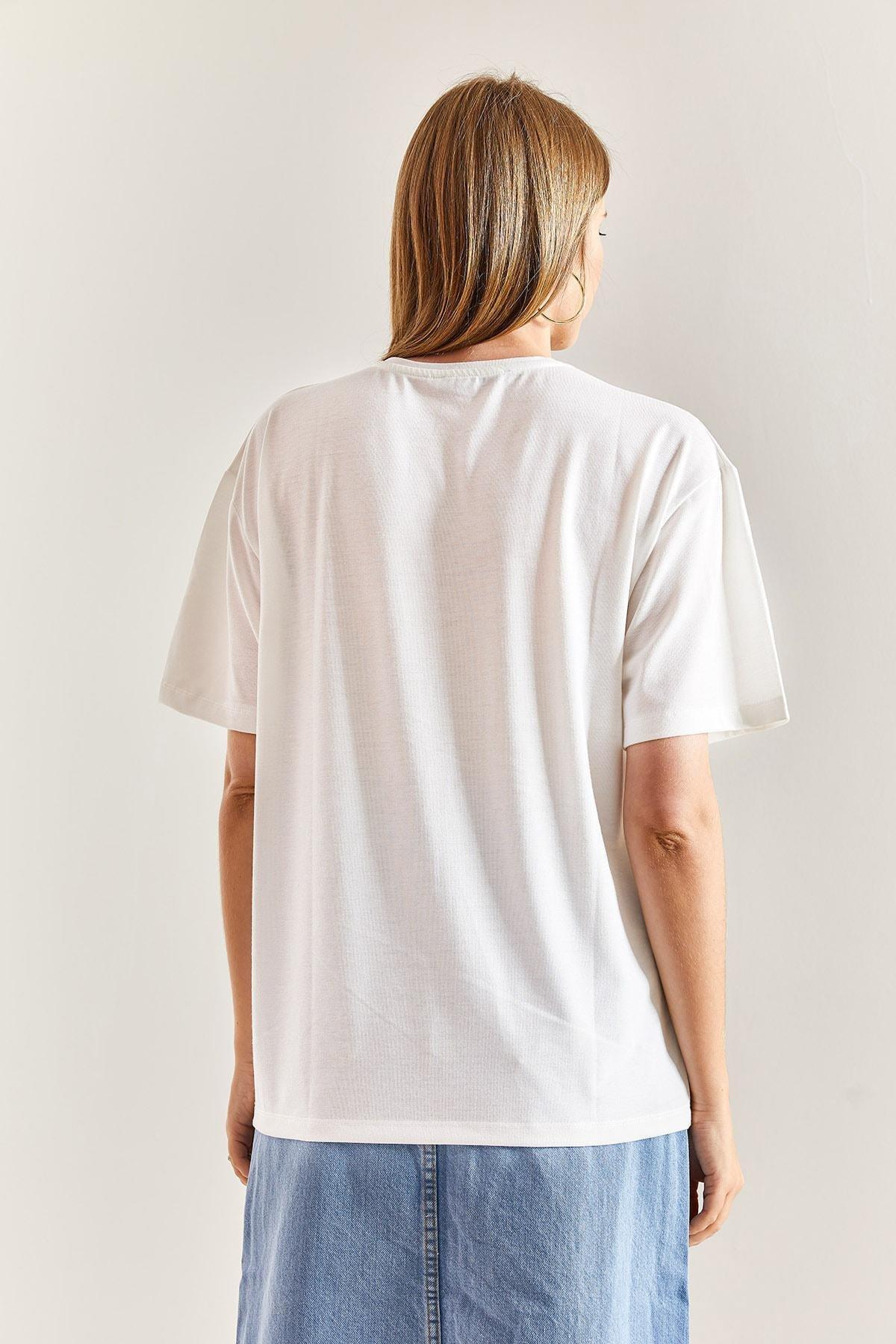 White Patterned Cotton T-shirt, White-Blue, large image number 4