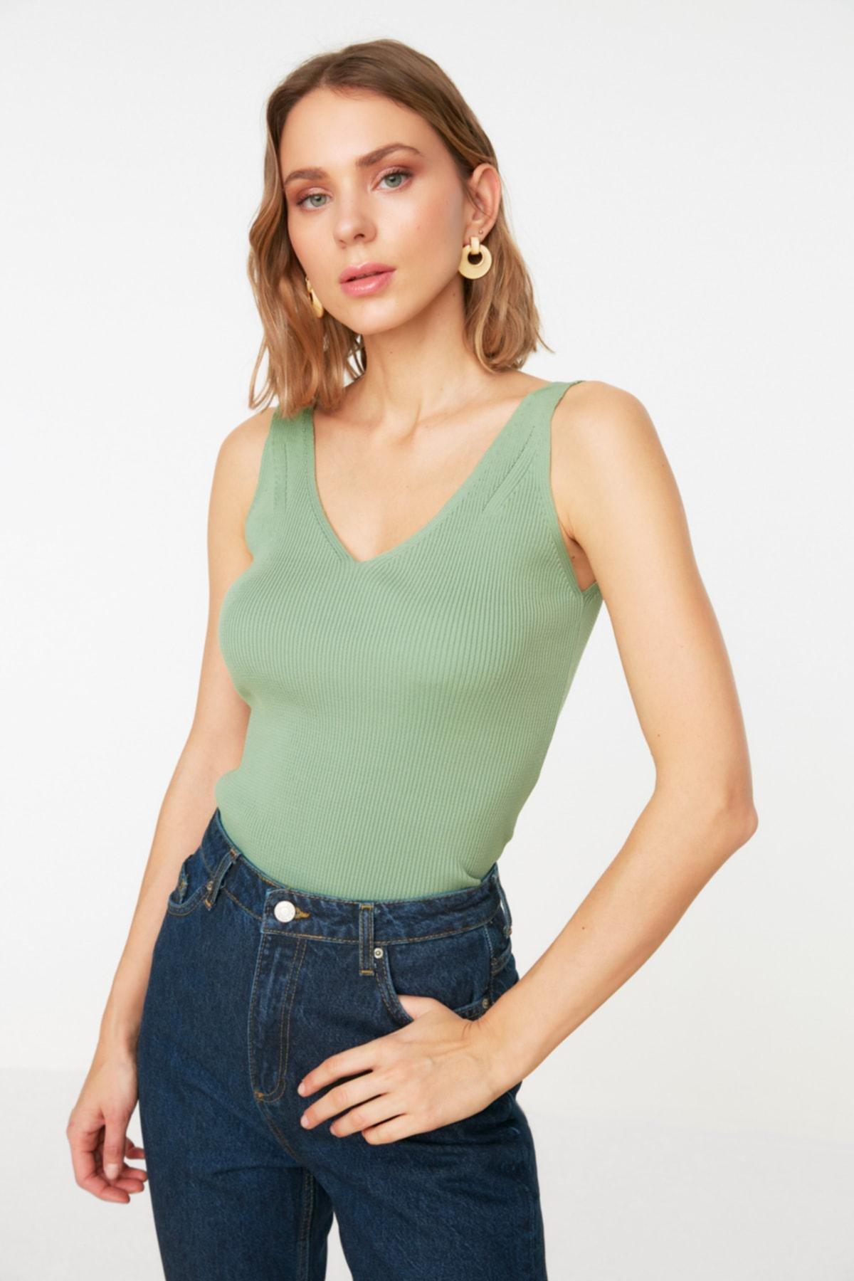 Green V-Neck Knitted Blouse, , large image number 1