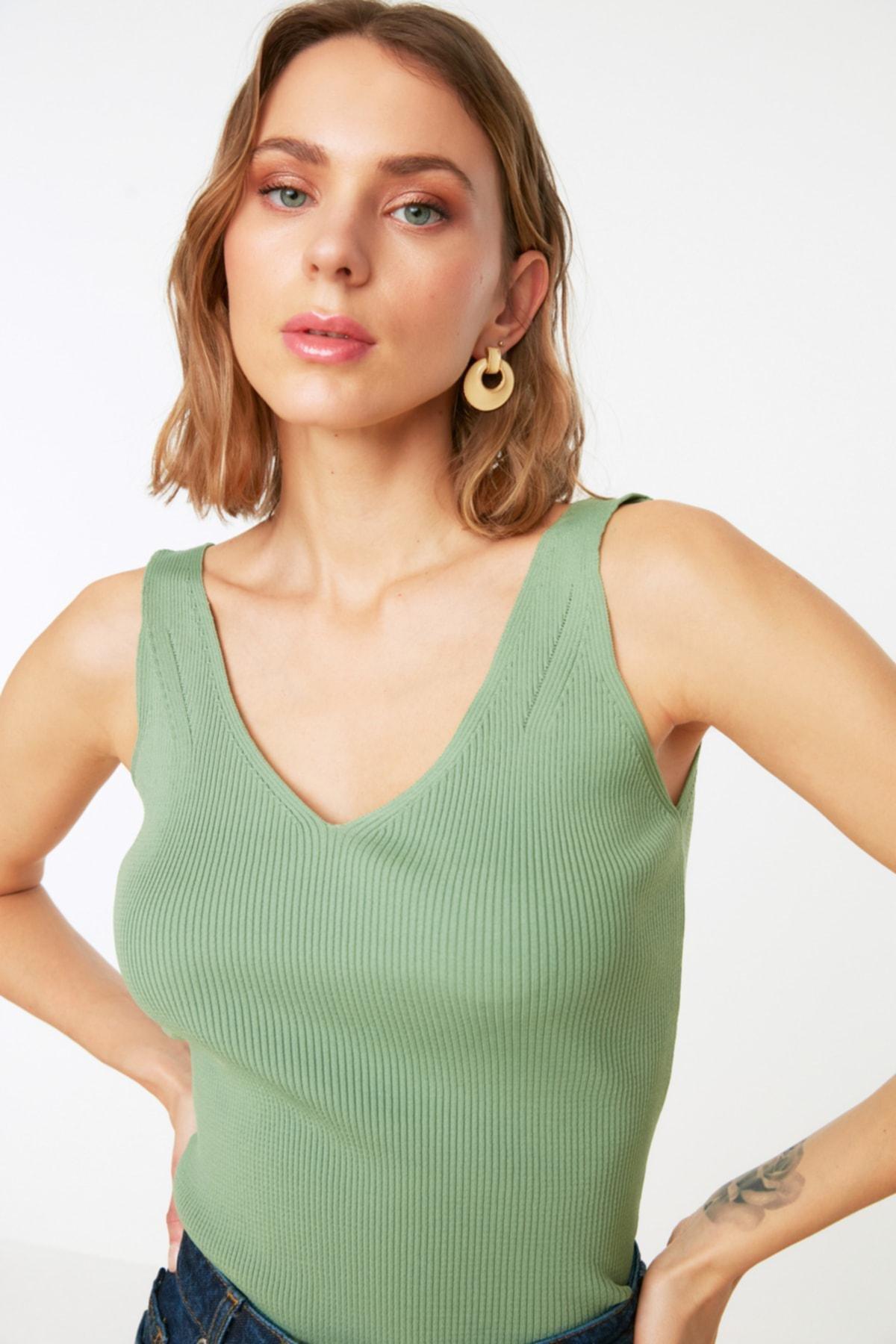 Green V-Neck Knitted Blouse, , large image number 3