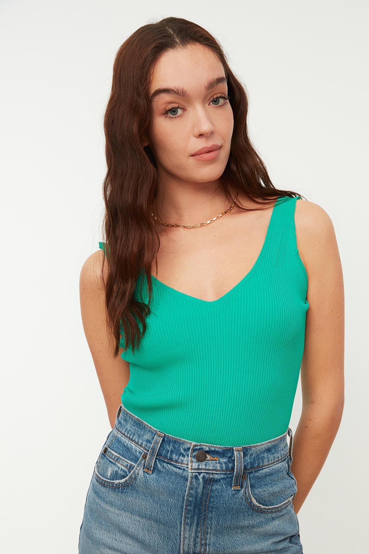 Green V-Neck Knitted Blouse, , large image number 4