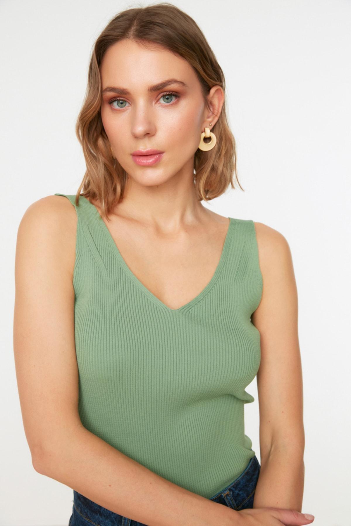 Green V-Neck Knitted Blouse, , large image number 5