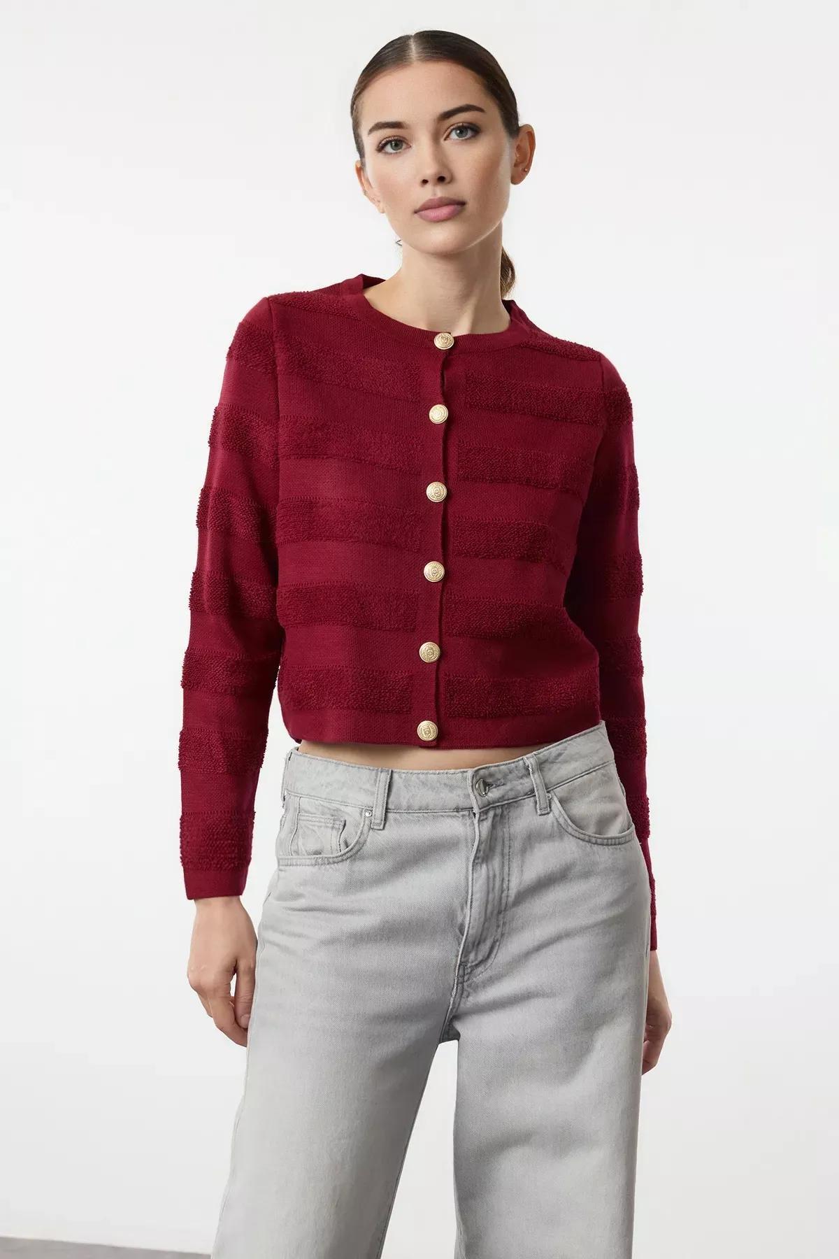 Red Crew Neck Knitted Cardigan, , large image number 0