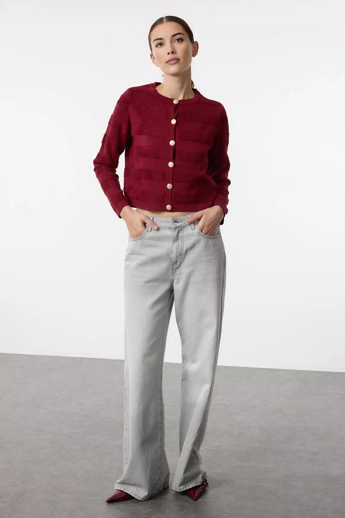 Red Crew Neck Knitted Cardigan, , large image number 1