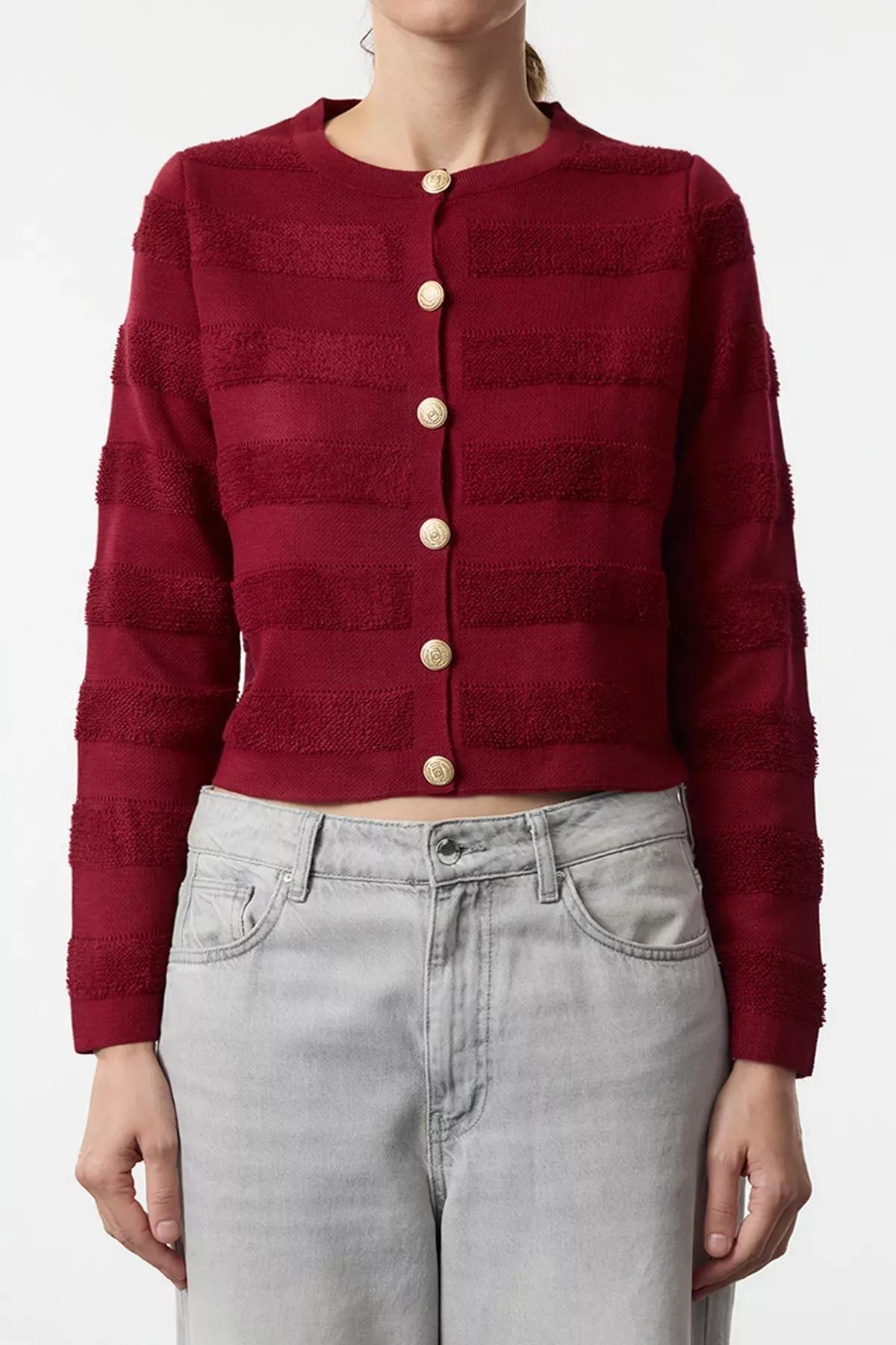 Red Crew Neck Knitted Cardigan, , large image number 2