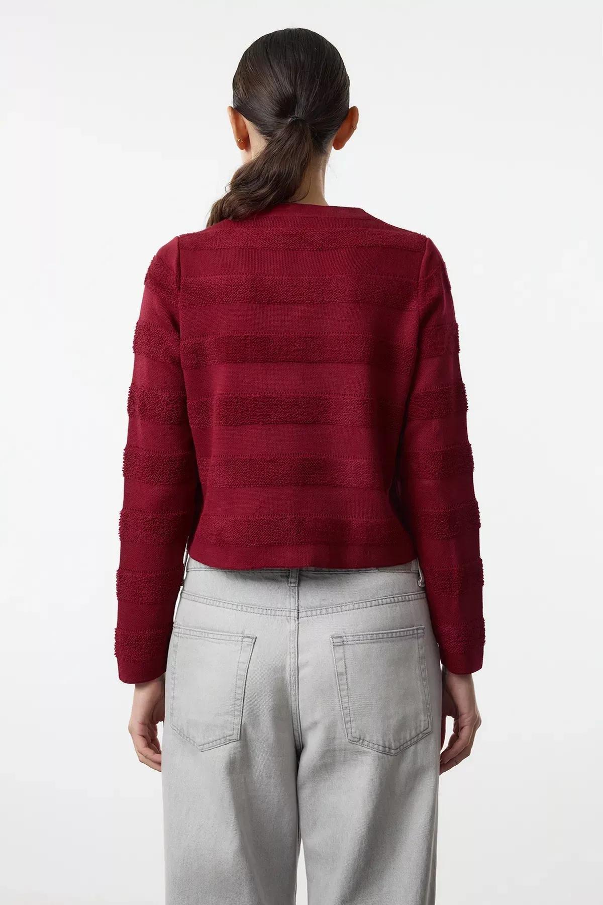 Red Crew Neck Knitted Cardigan, , large image number 4