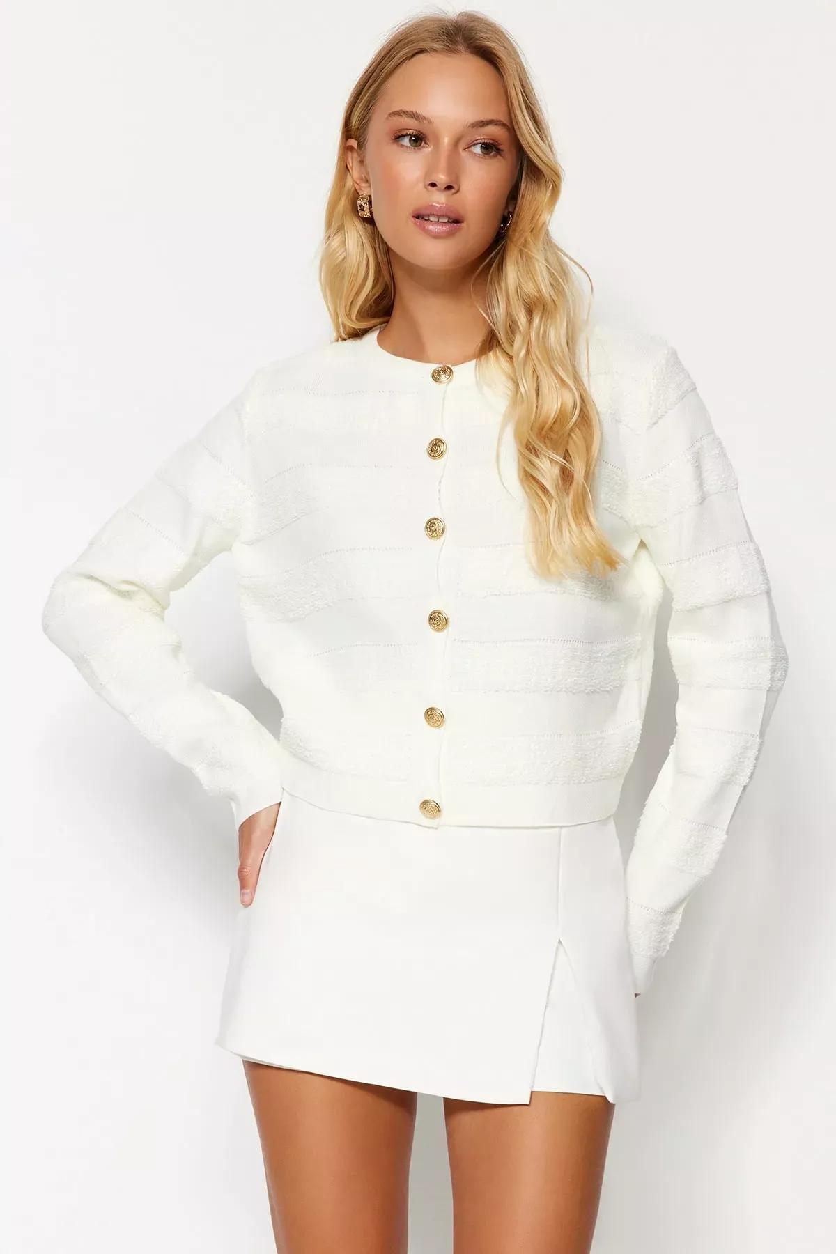 White Crew Neck Knitwear Cardigan, Ecru, medium