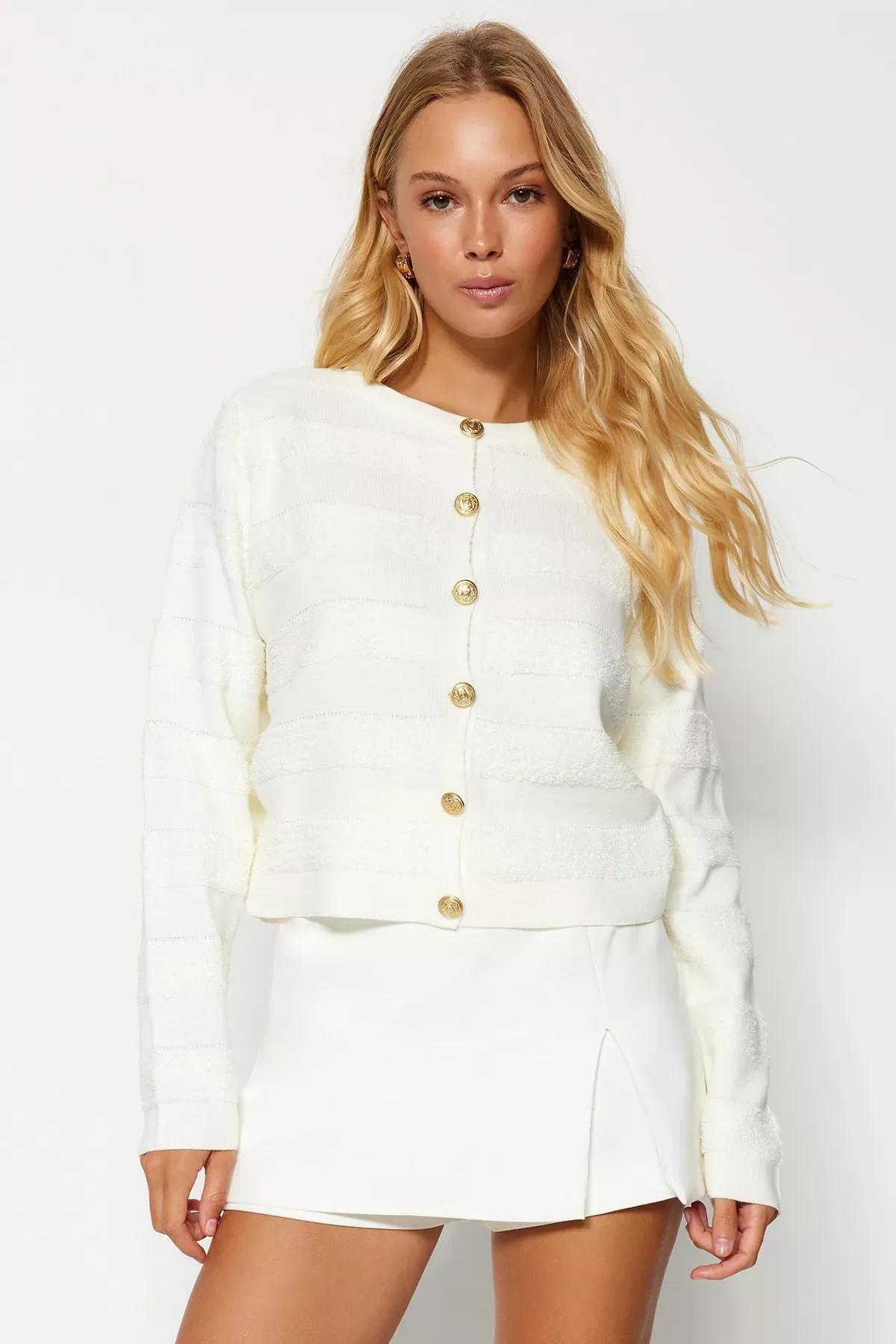 White Crew Neck Knitwear Cardigan, Ecru, medium