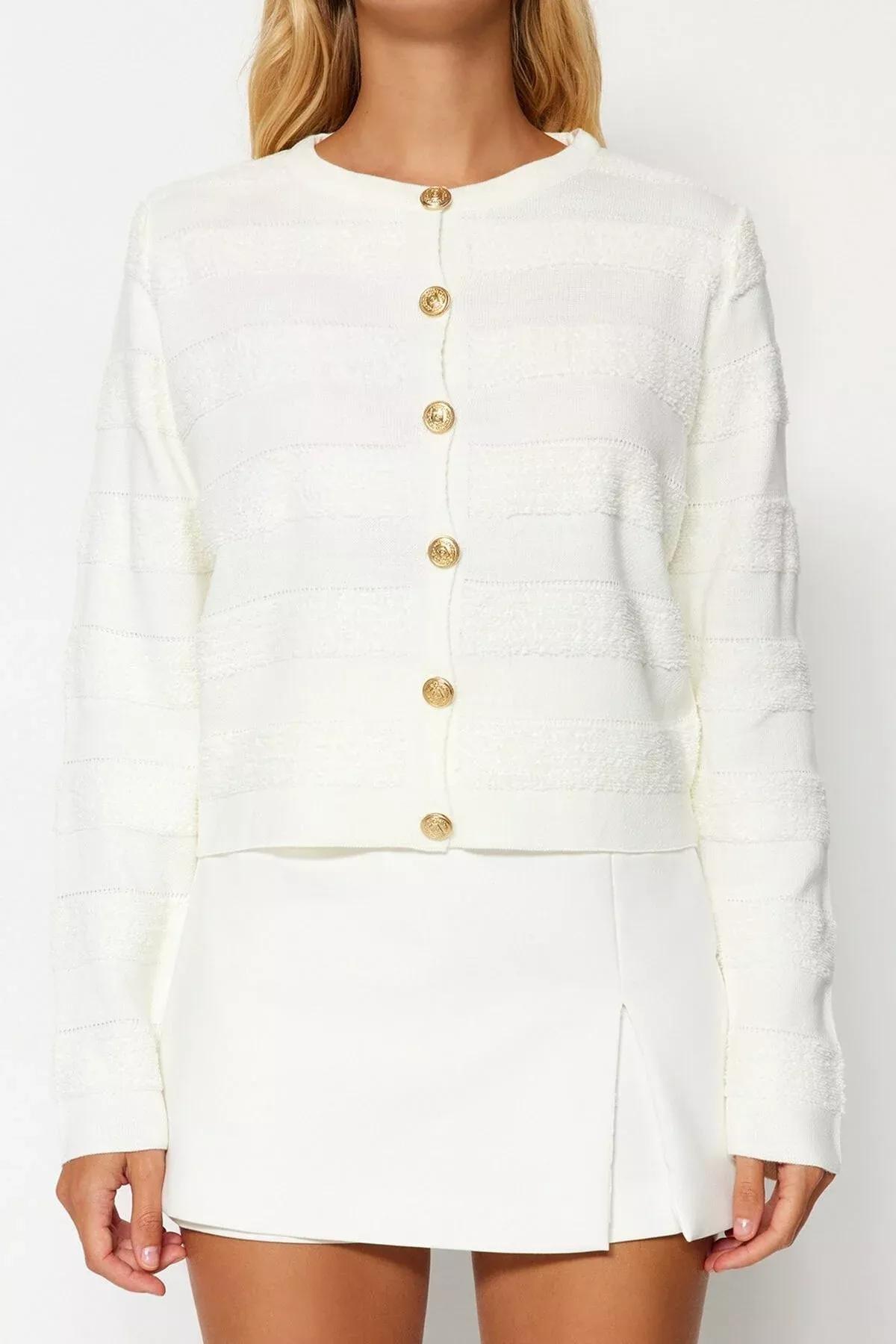 White Crew Neck Knitwear Cardigan, Ecru, large image number 4