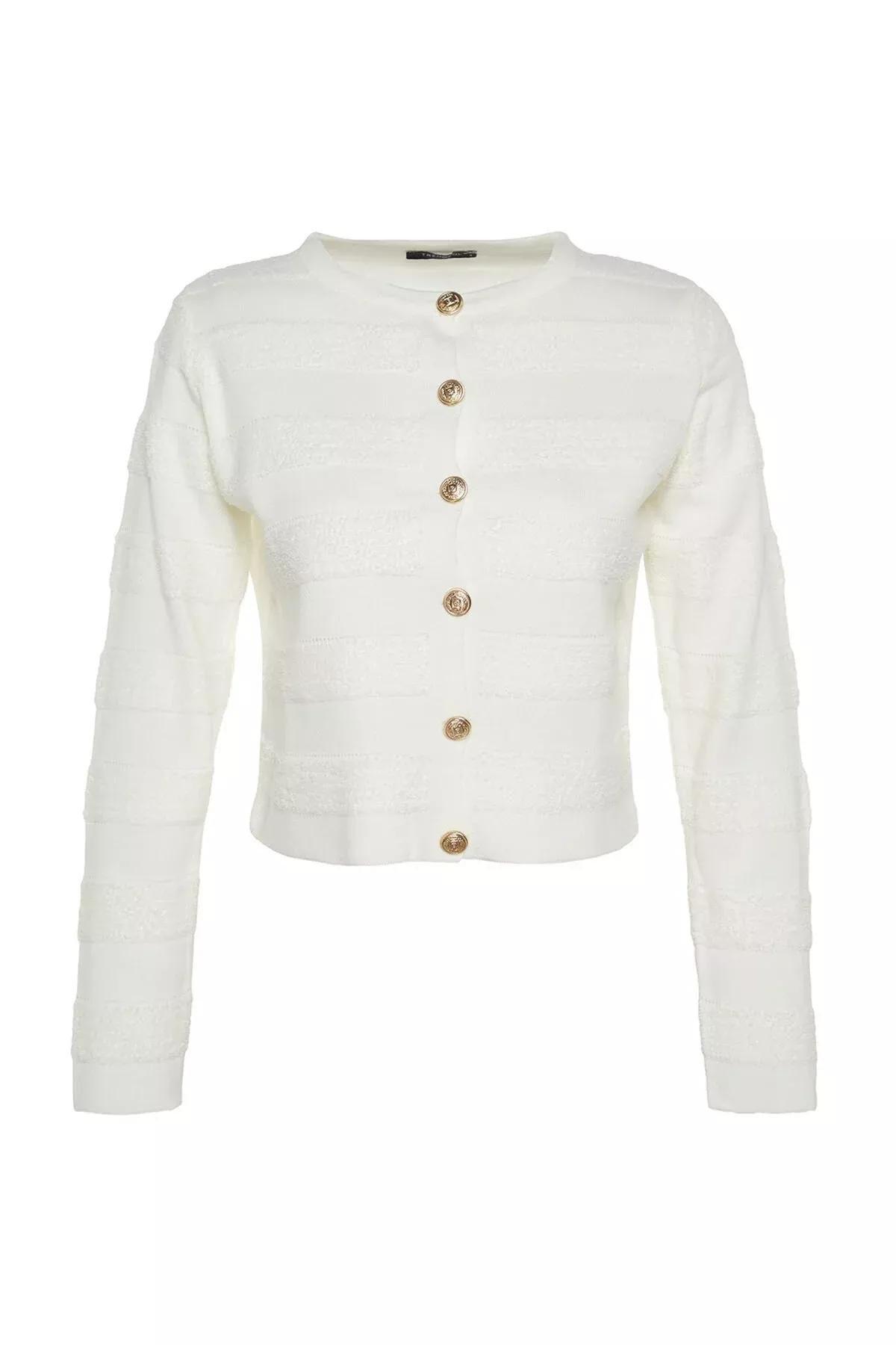 White Crew Neck Knitwear Cardigan, Ecru, large image number 5