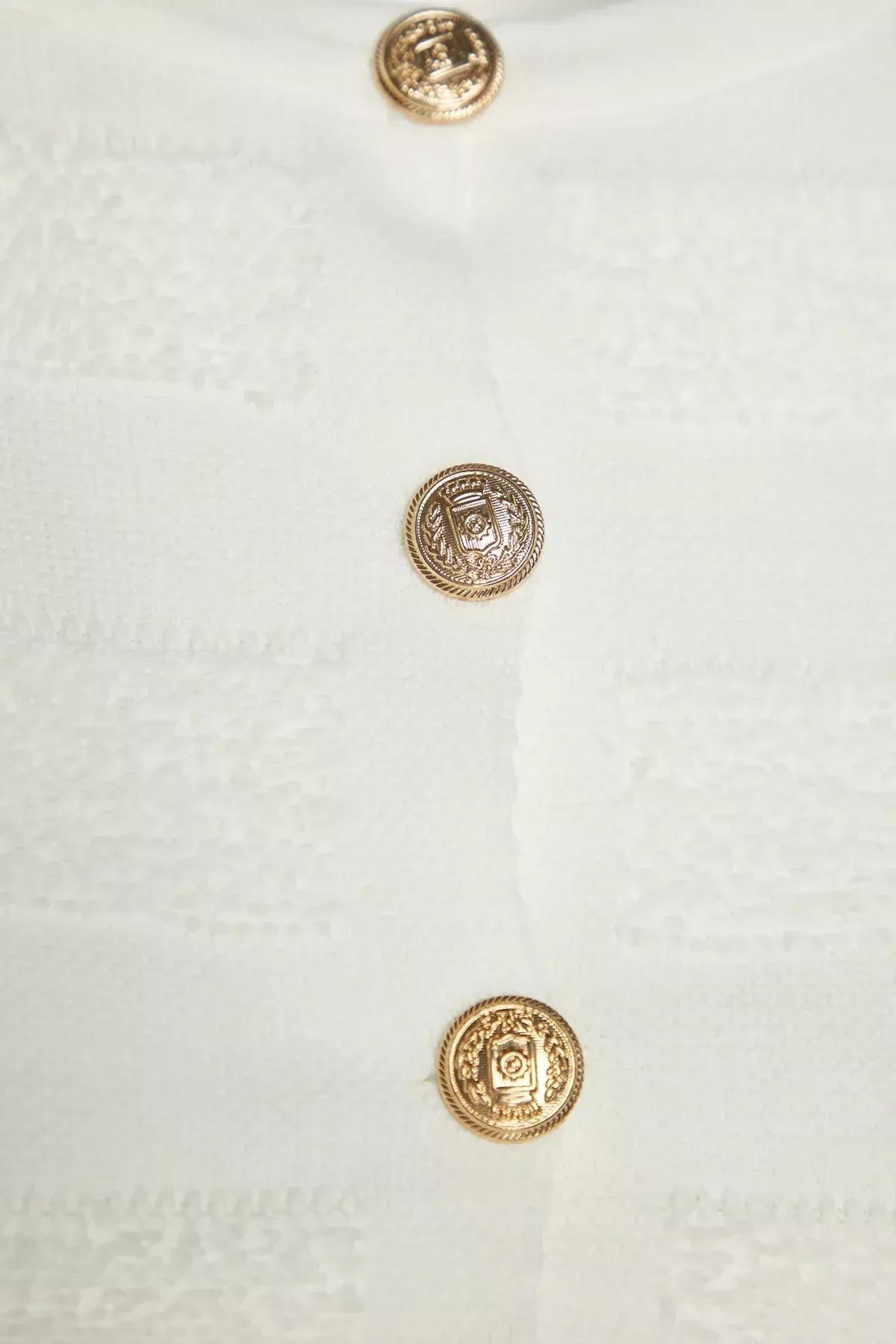 White Crew Neck Knitwear Cardigan, Ecru, large image number 6