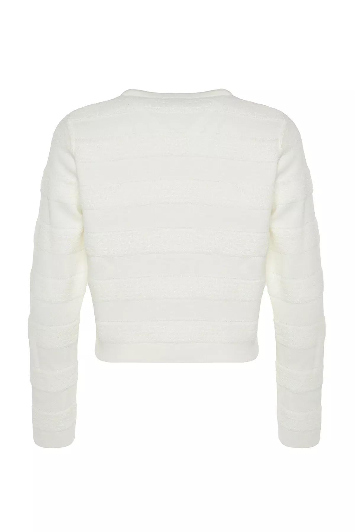 White Crew Neck Knitwear Cardigan, Ecru, large image number 7