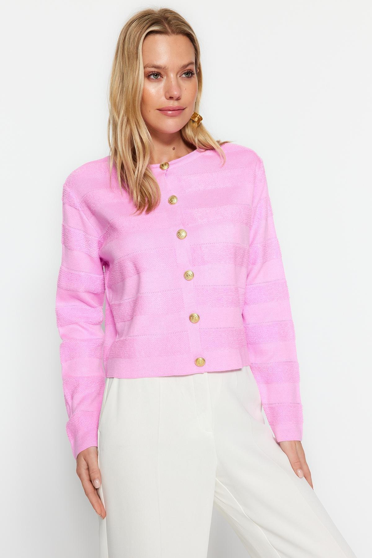 Pink Crew Neck Jacket Look Knitwear Cardigan TWOAW24HI00337, single, , large image number 0