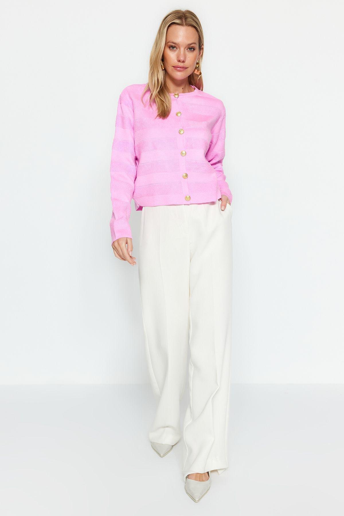 Pink Crew Neck Jacket Look Knitwear Cardigan TWOAW24HI00337, single, , large image number 2