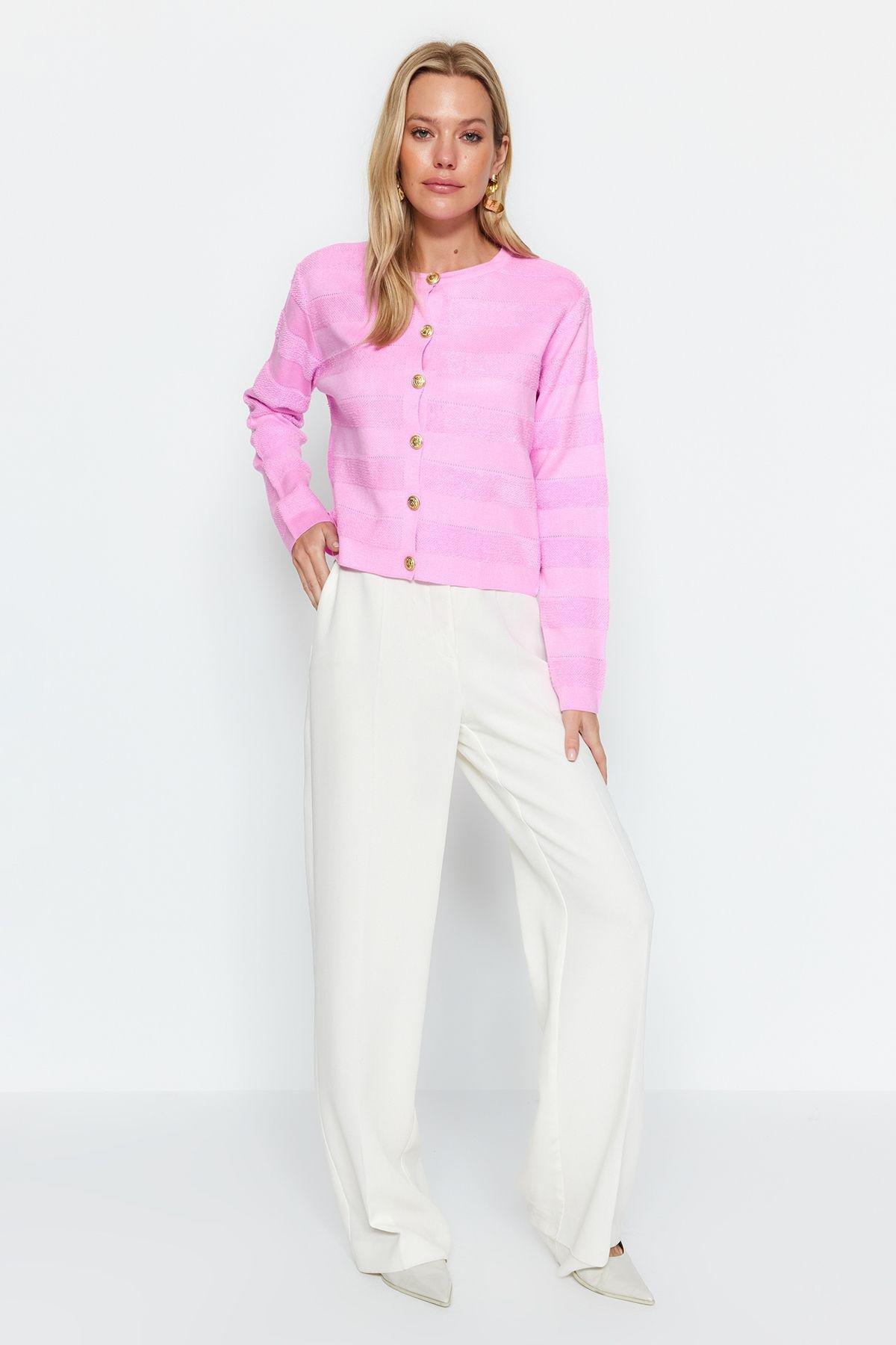 Pink Crew Neck Jacket Look Knitwear Cardigan TWOAW24HI00337, single, , large image number 3