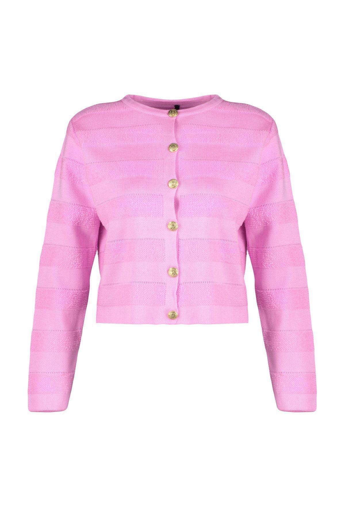 Pink Crew Neck Jacket Look Knitwear Cardigan TWOAW24HI00337, single, , large image number 4