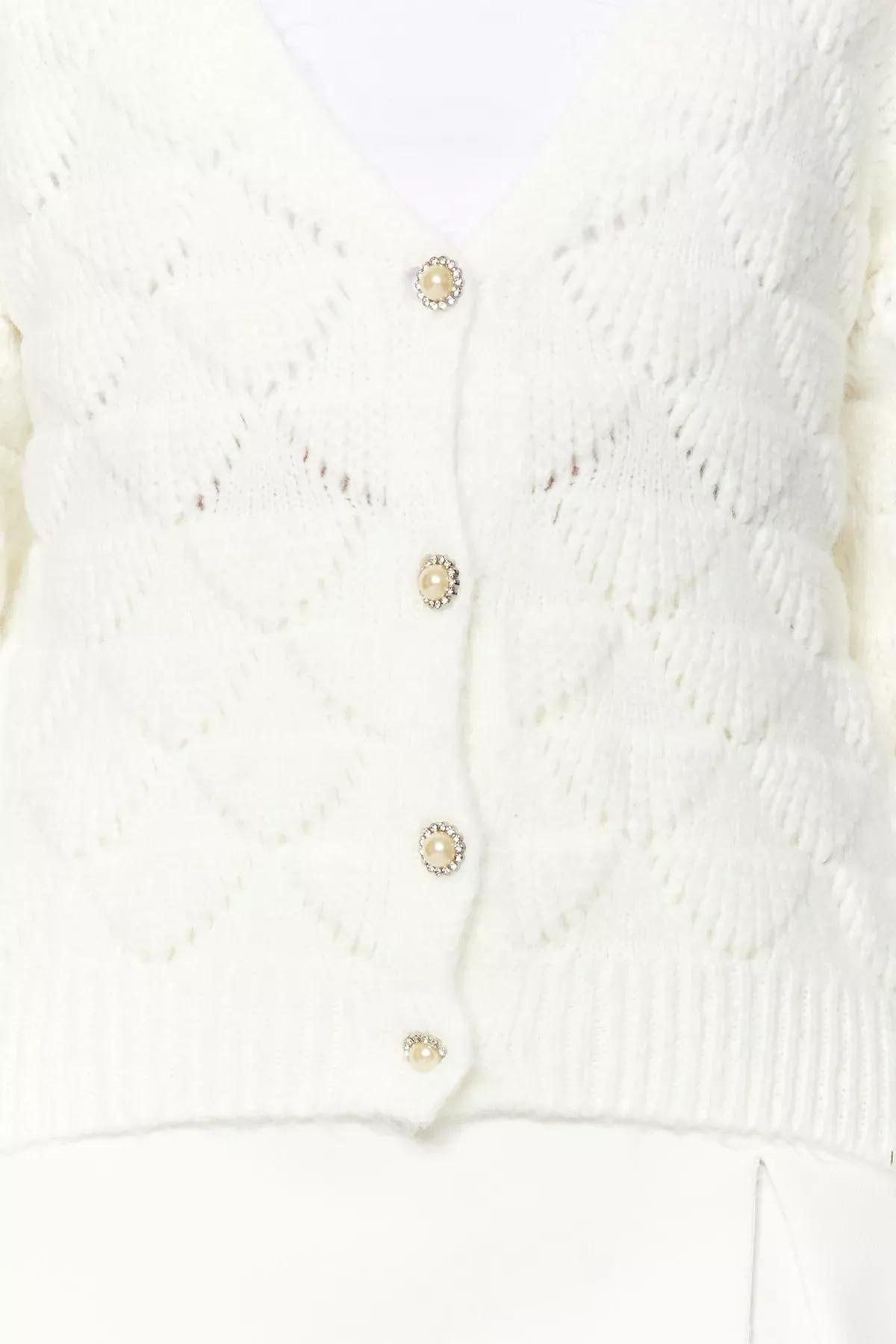 Ecru Openwork Knitted Cardigan, Ecru, large image number 3