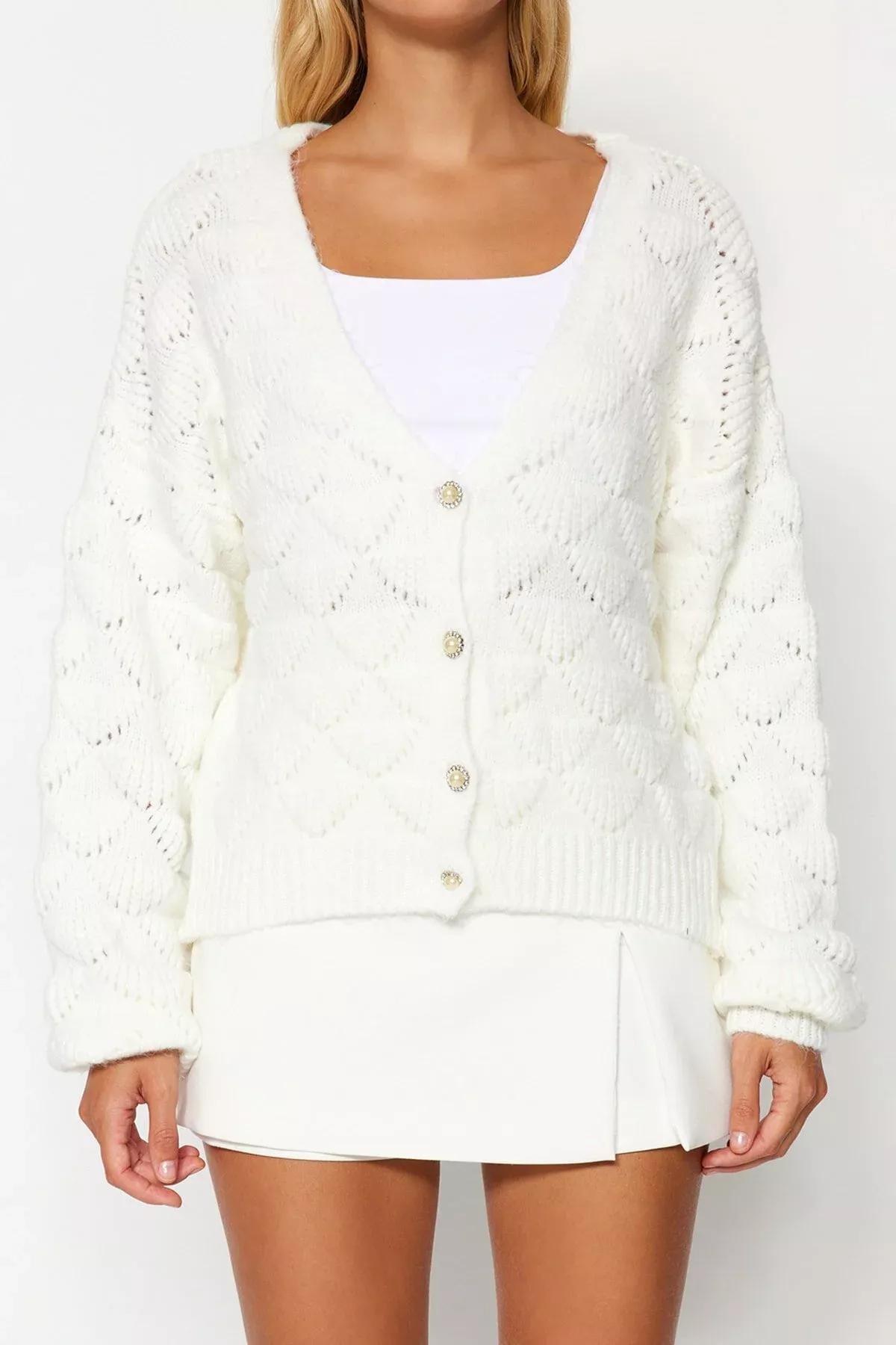 Ecru Openwork Knitted Cardigan, Ecru, large image number 4