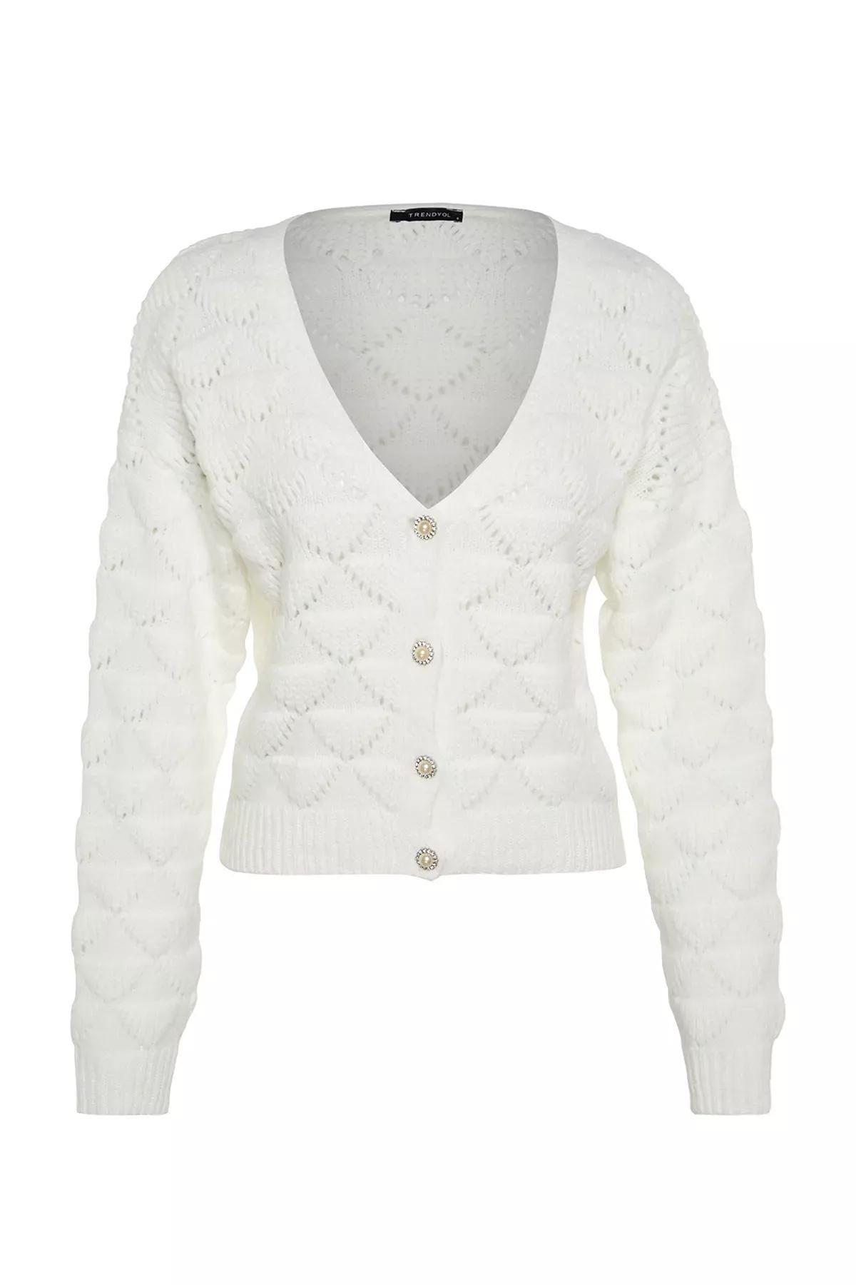 Ecru Openwork Knitted Cardigan, Ecru, large image number 5