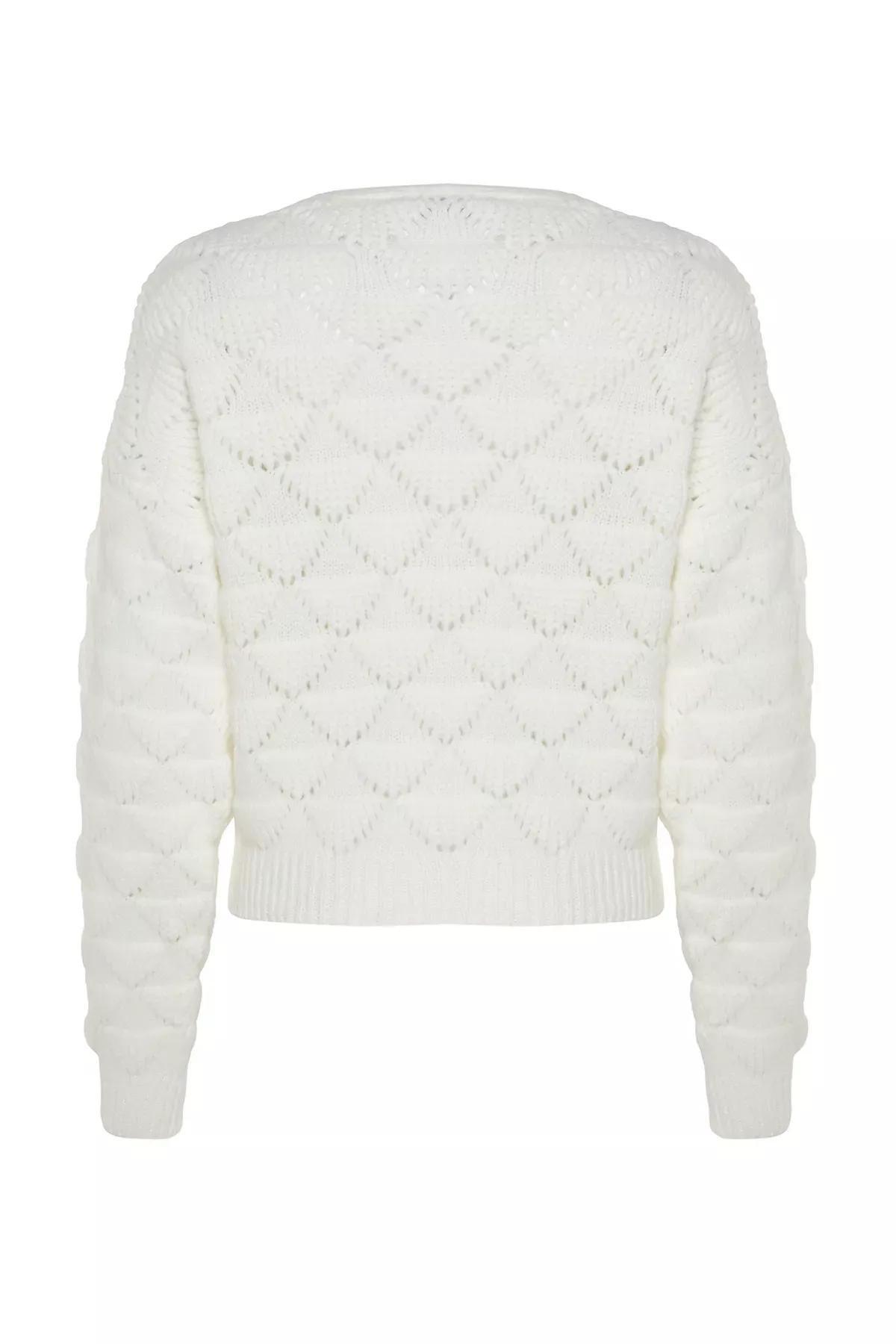 Ecru Openwork Knitted Cardigan, Ecru, large image number 7