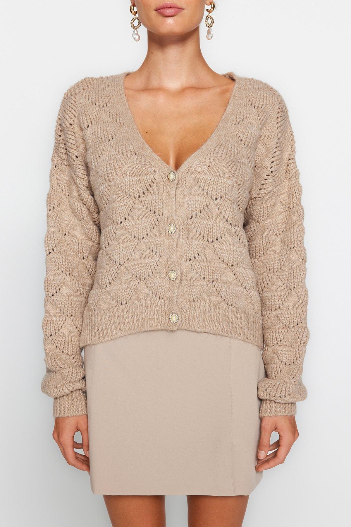 Trendyol - Beige Openwork Knitted Cardigan