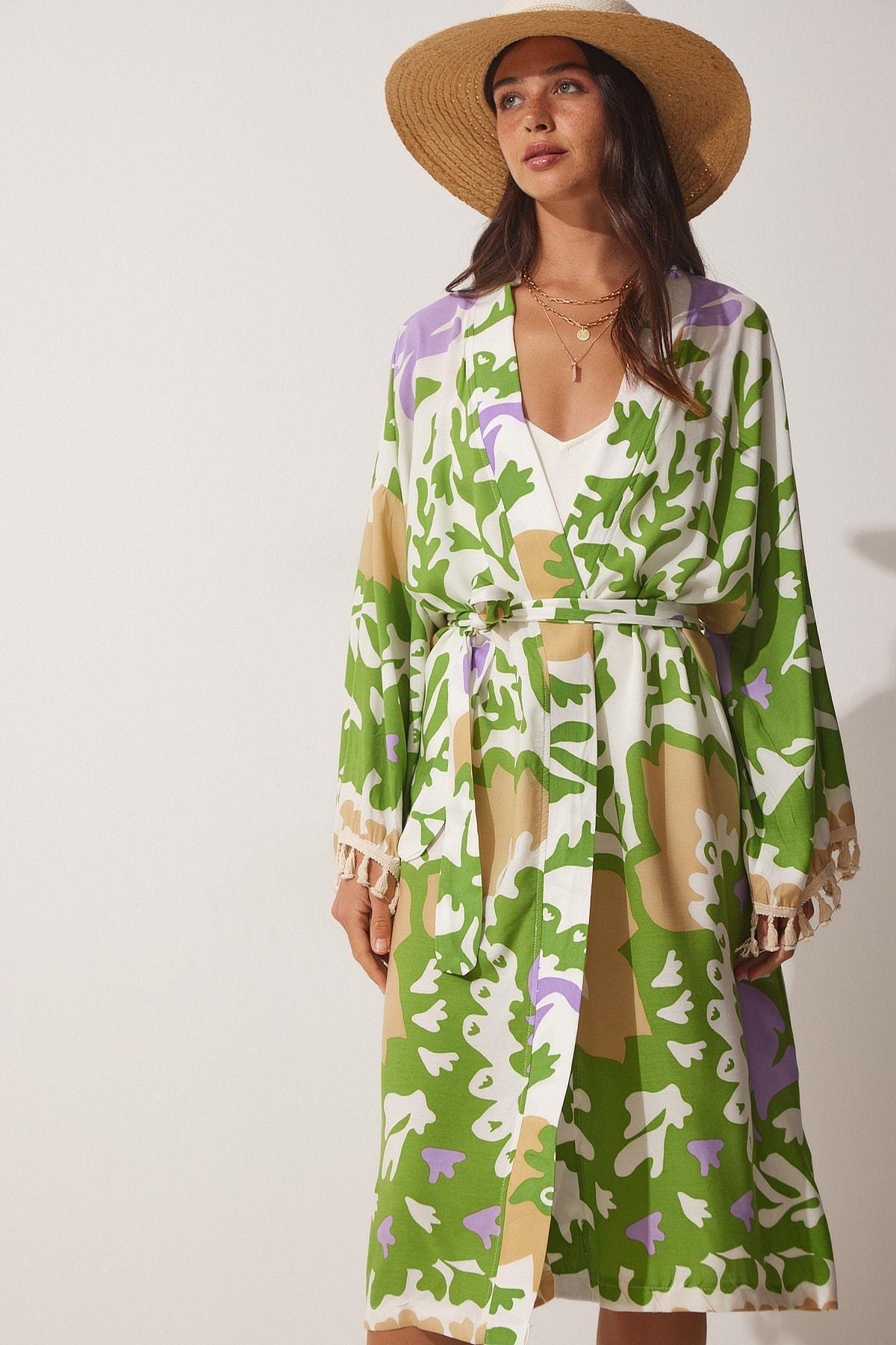 Green Printed Midi Kimono, , large image number 2