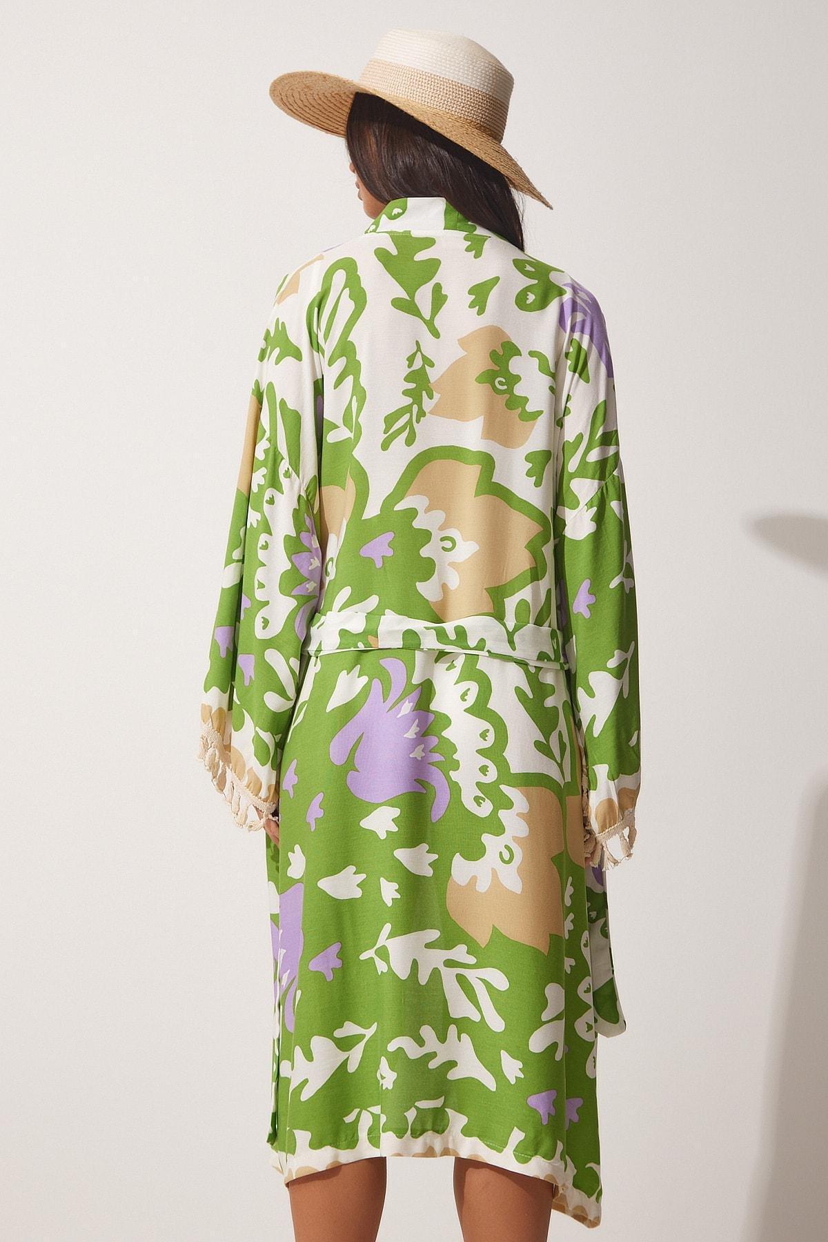 Green Printed Midi Kimono, , large image number 3