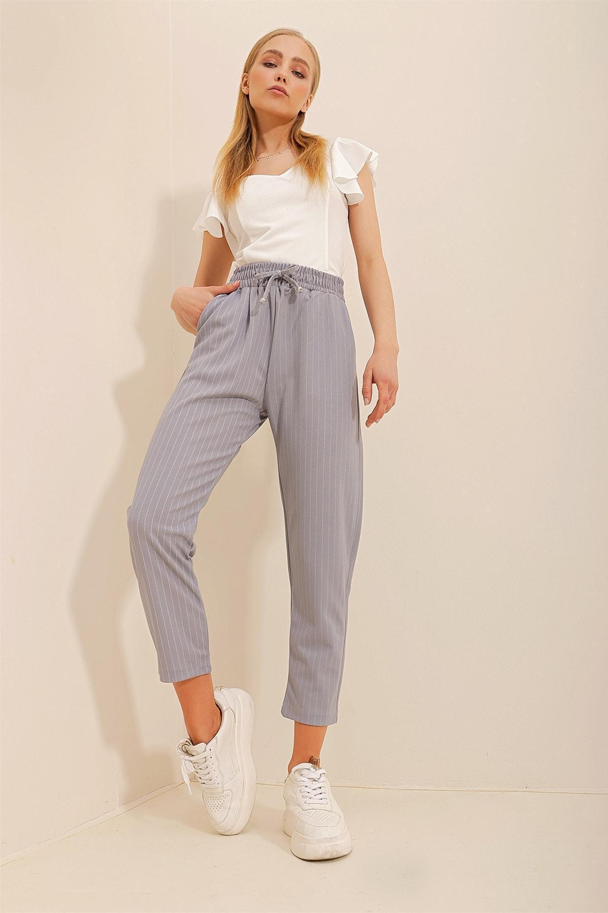 Grey High Waist Striped Pants, Grey, large image number 0