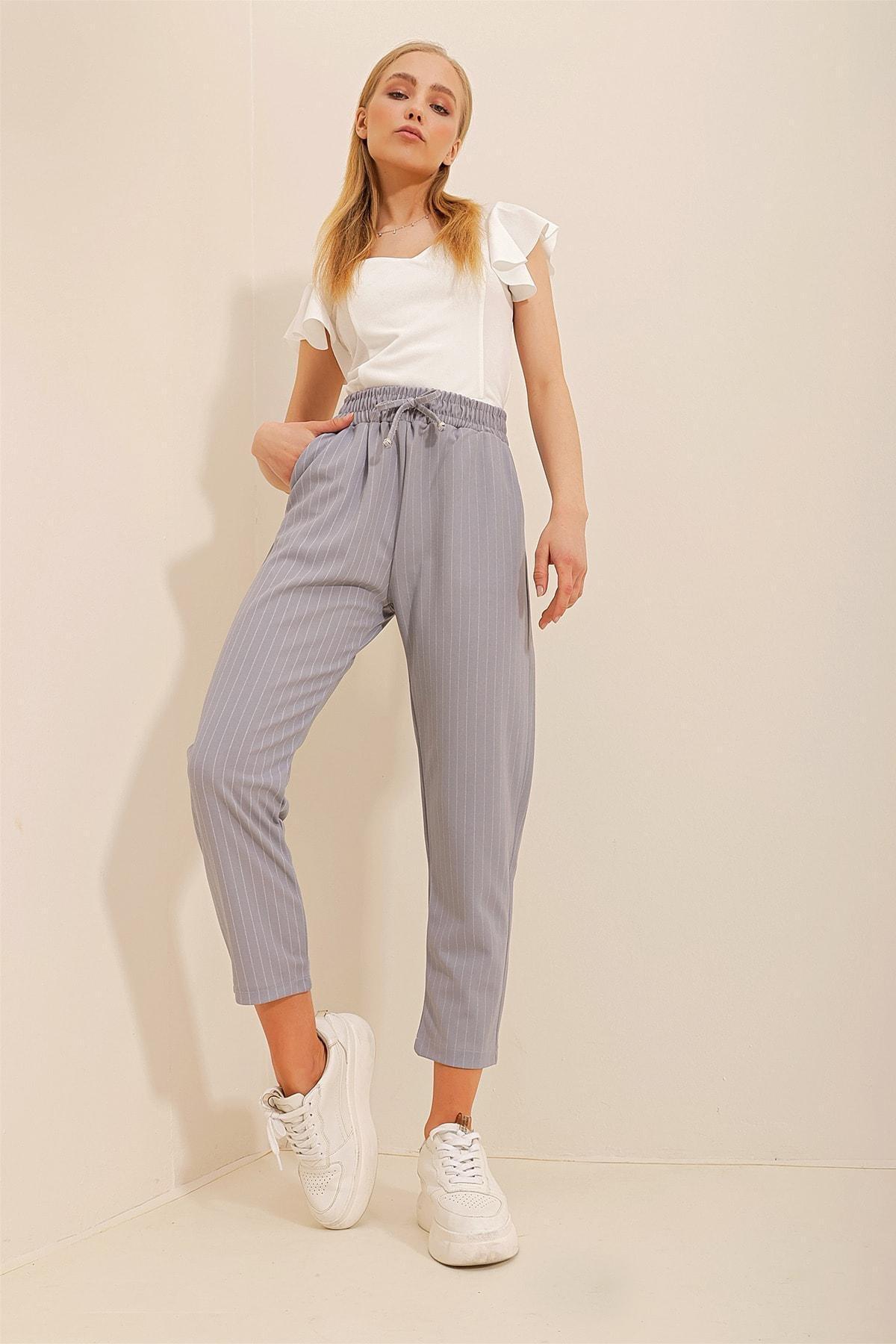 Alacati - Grey High Waist Striped Pants