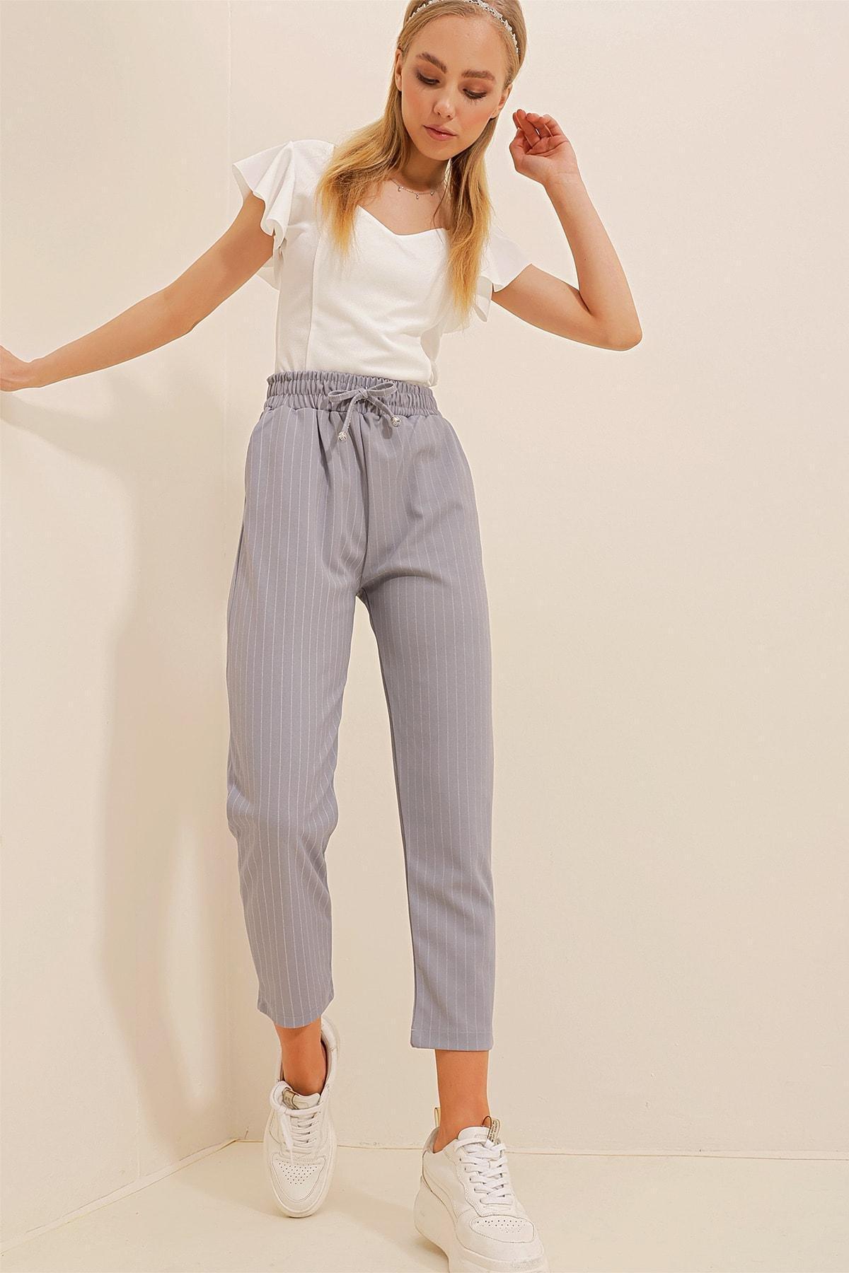 Grey High Waist Striped Pants, Grey, large image number 1